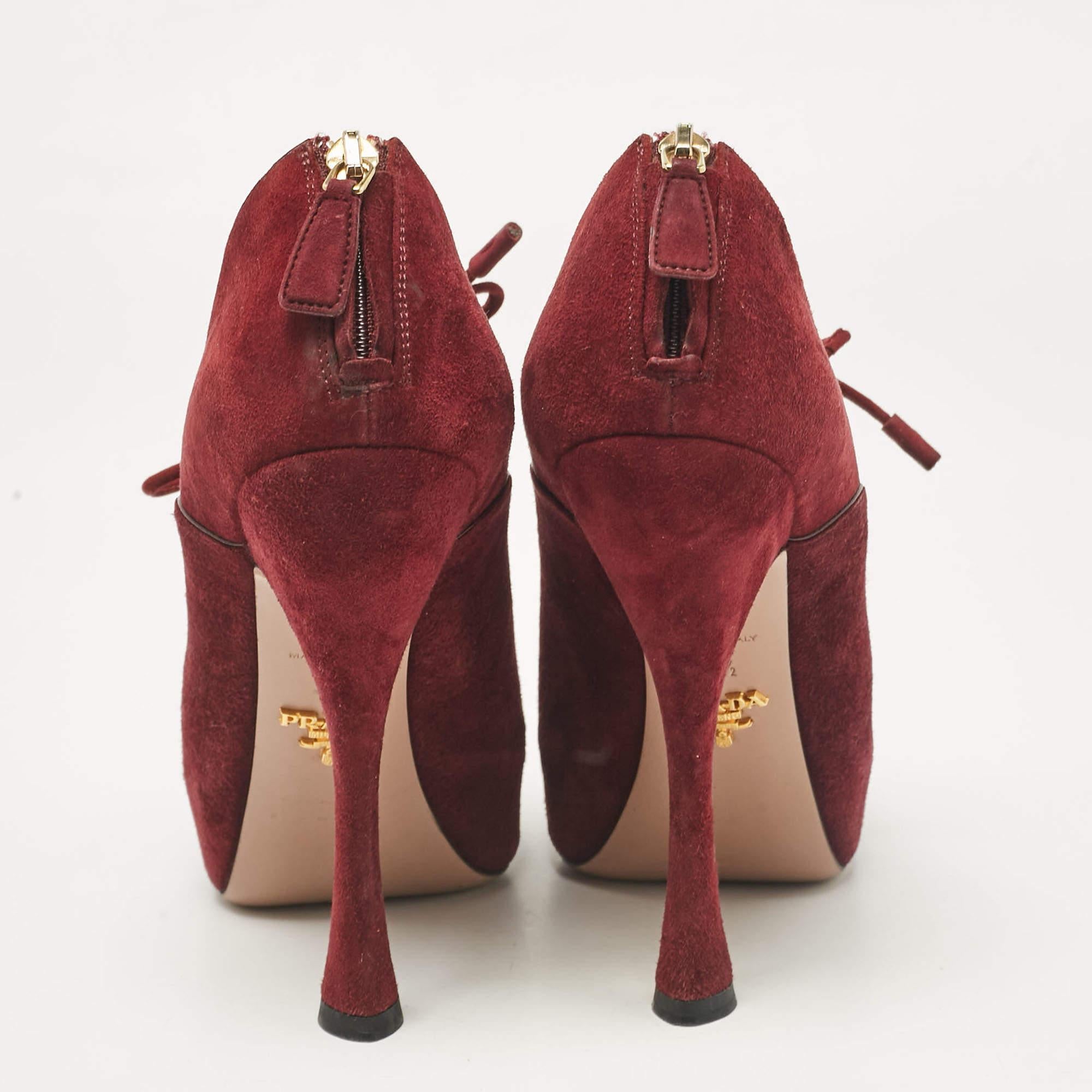 Women's Prada Burgundy Suede Lace Up Booties Size 37.5 For Sale