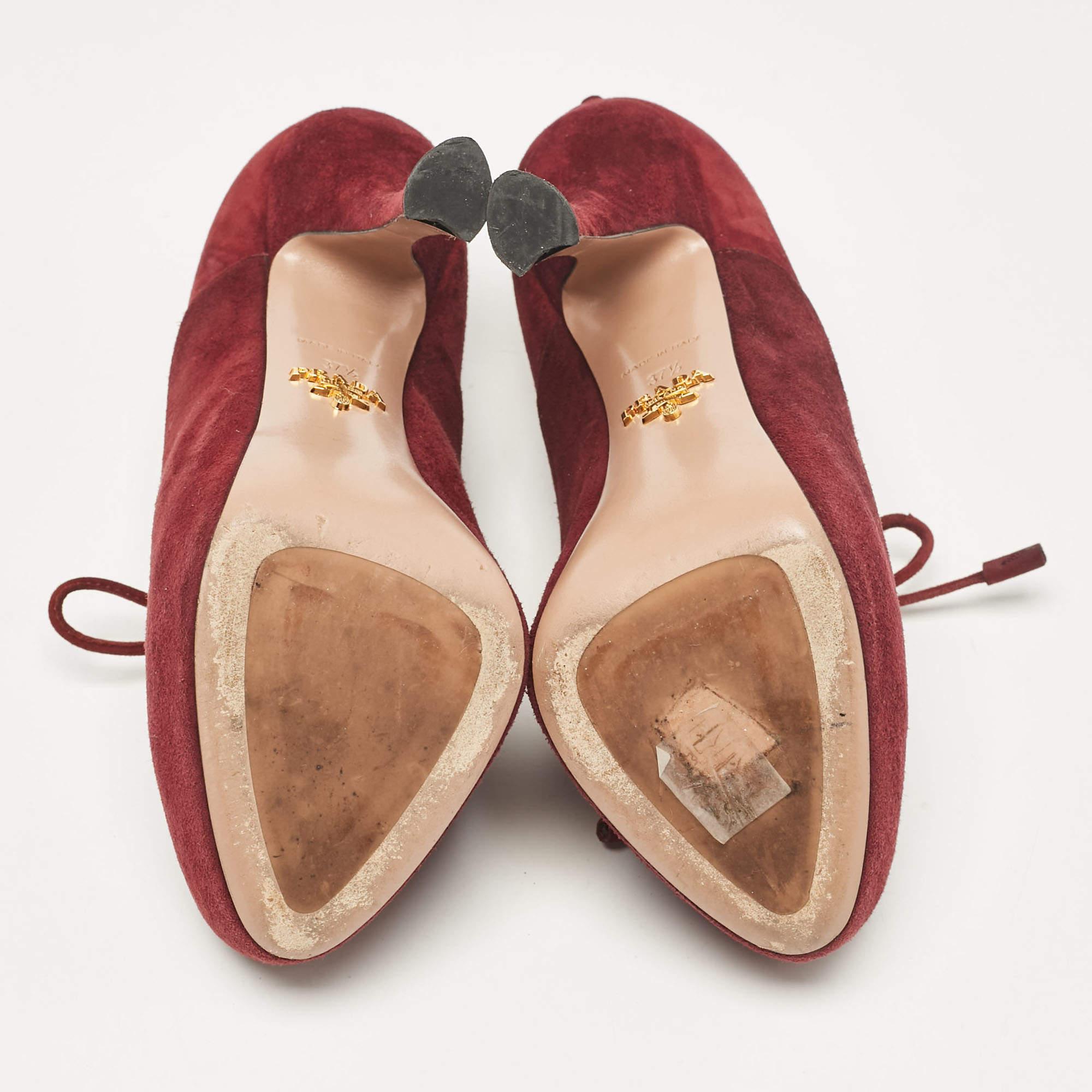 Prada Burgundy Suede Lace Up Booties Size 37.5 For Sale 1