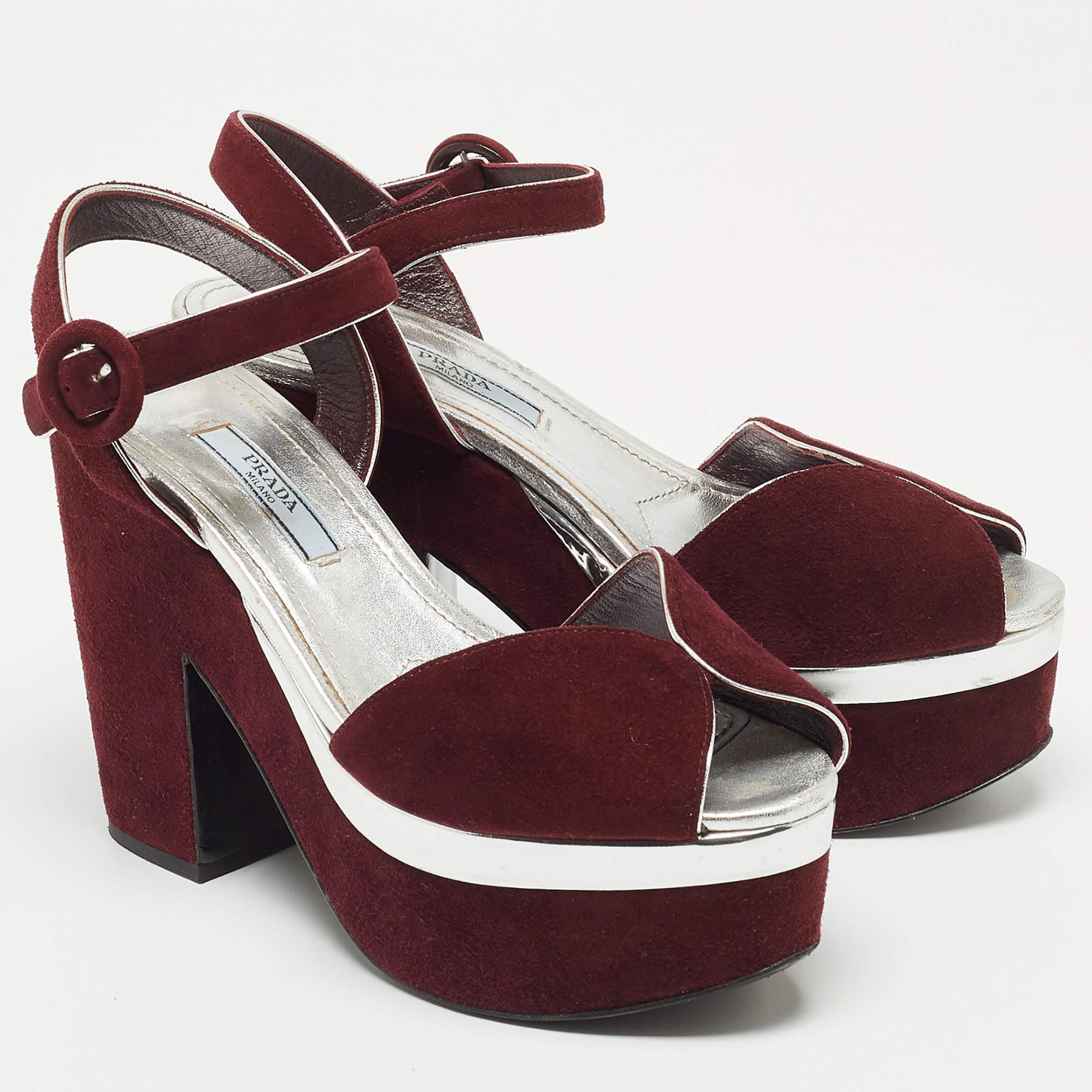 Women's Prada Burgundy Suede Platform Block Heels Ankle Strap Sandals Size 36