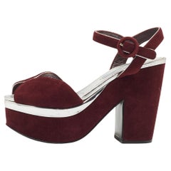 Prada Burgundy Suede Platform Block Heels Ankle Strap Sandals Size 36