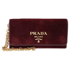 Prada Burgundy Velvet And Leather Flap Chain Wallet