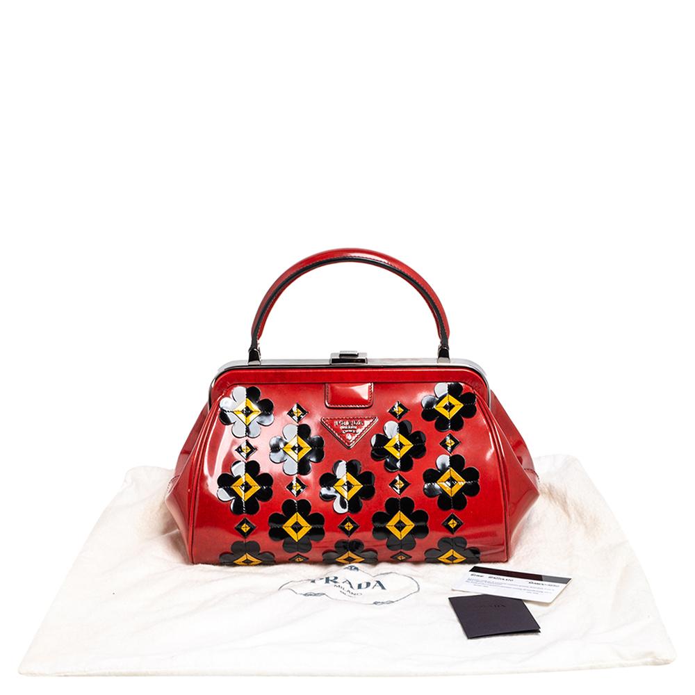 Prada Burnt Orange Patent Leather Floral Applique Frame Doctor Top Handle Bag 3