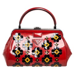 Prada Burnt Orange Patent Leather Floral Applique Frame Doctor Top Handle Bag