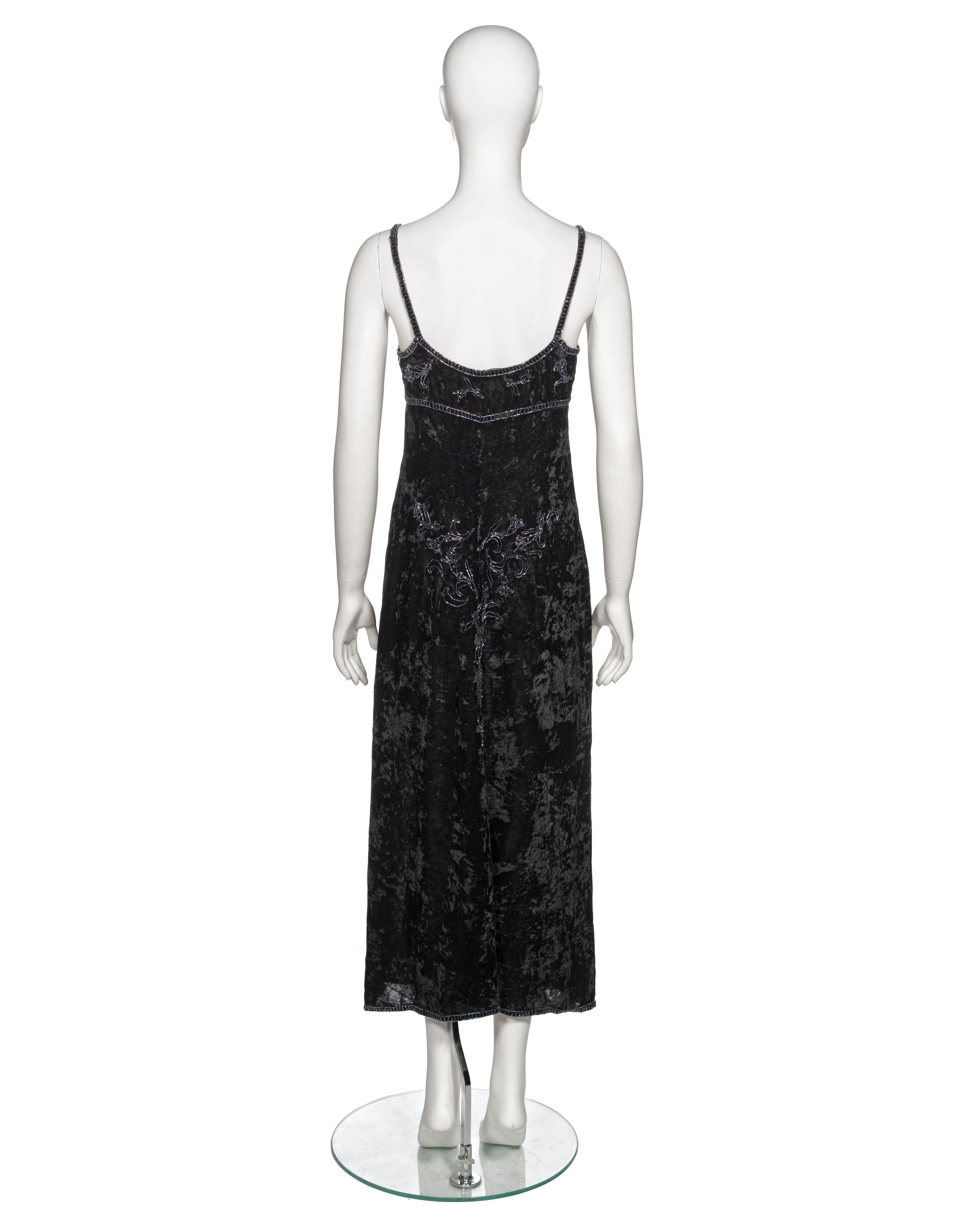 Prada by Miuccia Prada Black Crushed Velvet Bead Embroidered Slip Dress, fw 1997 For Sale 6
