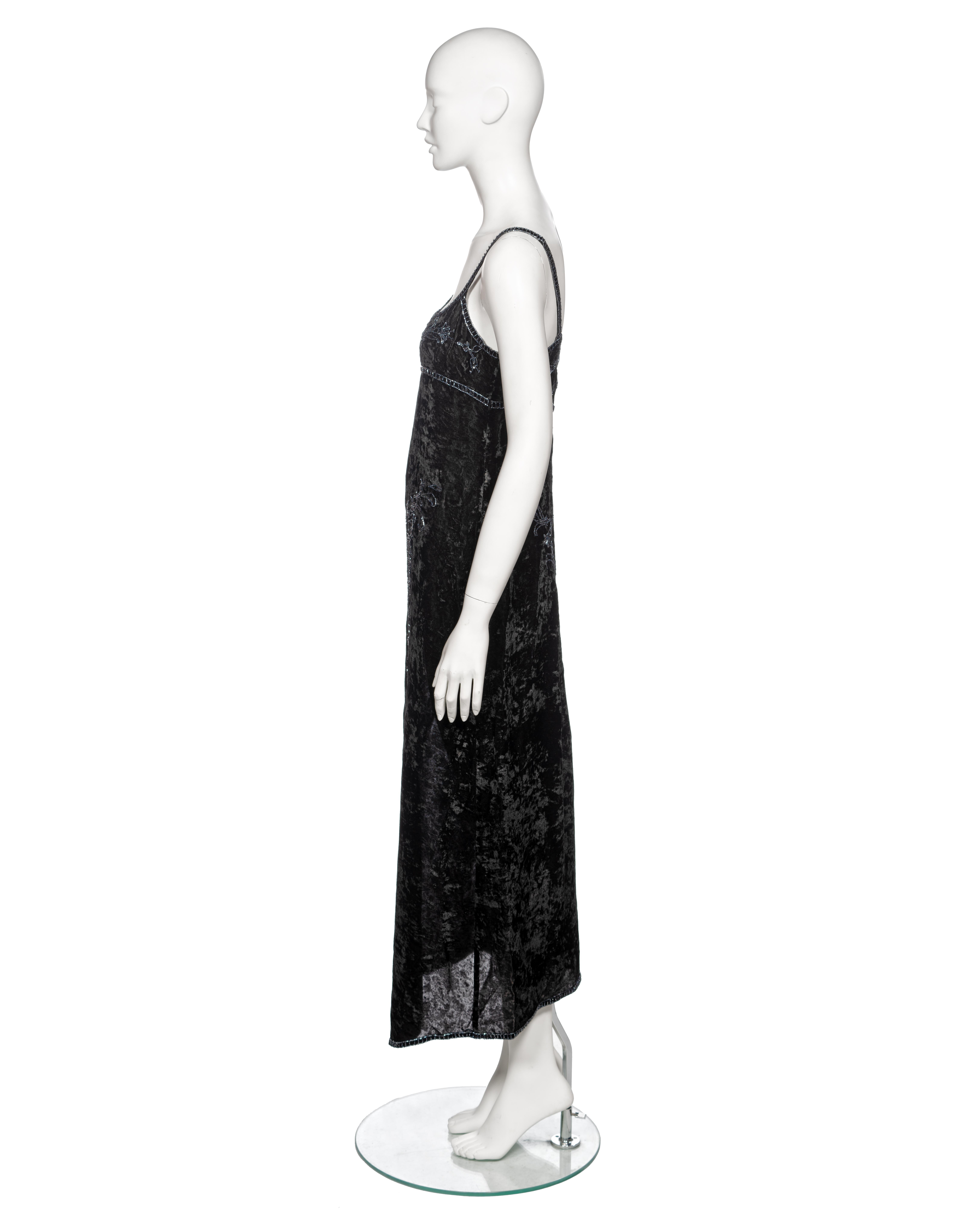 Prada by Miuccia Prada Black Crushed Velvet Bead Embroidered Slip Dress, fw 1997 8