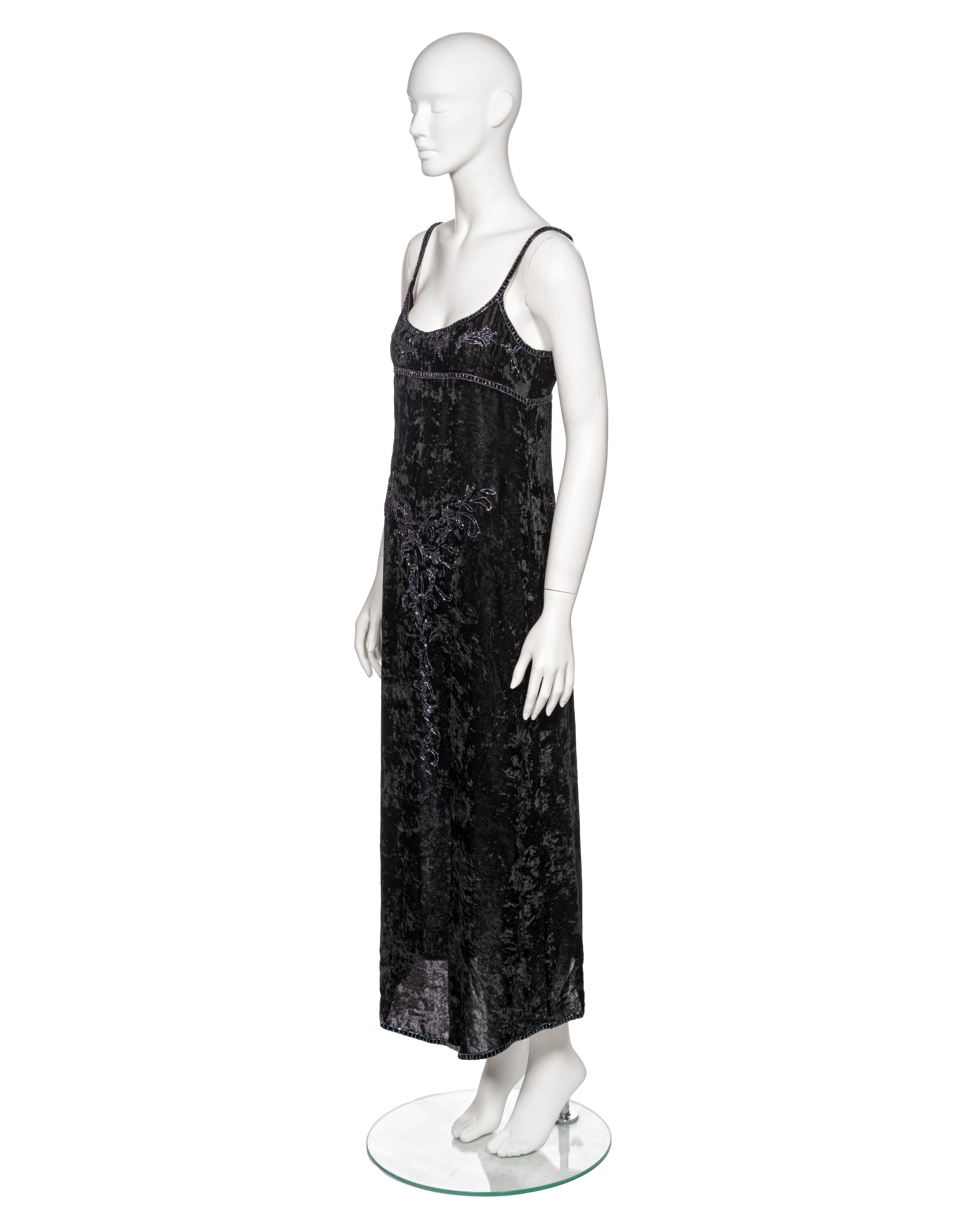 Prada by Miuccia Prada Black Crushed Velvet Bead Embroidered Slip Dress, fw 1997 For Sale 9