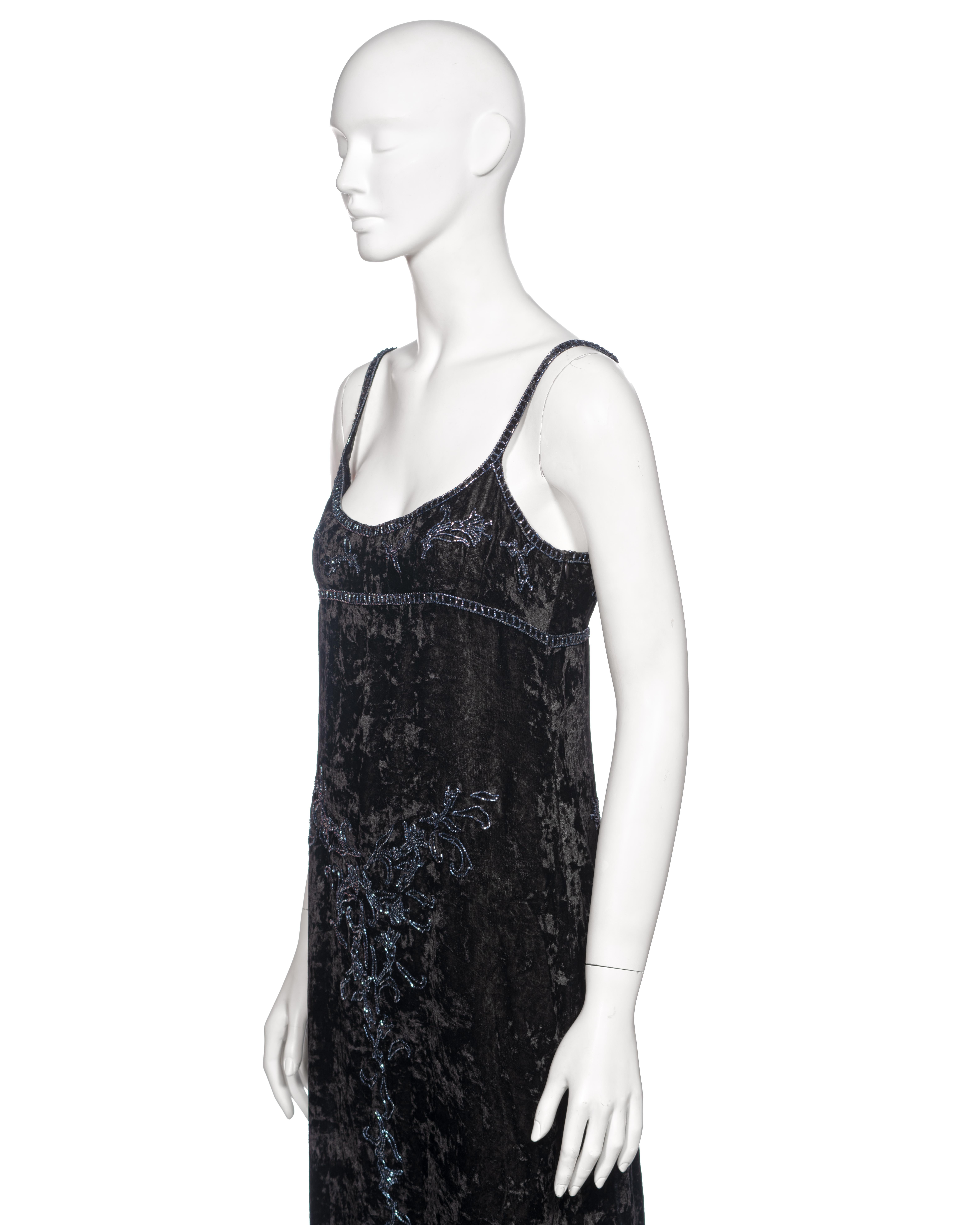 Prada by Miuccia Prada Black Crushed Velvet Bead Embroidered Slip Dress, fw 1997 For Sale 10