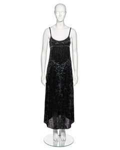 Prada by Miuccia Prada Black Crushed Velvet Bead Embroidered Slip Dress, fw 1997
