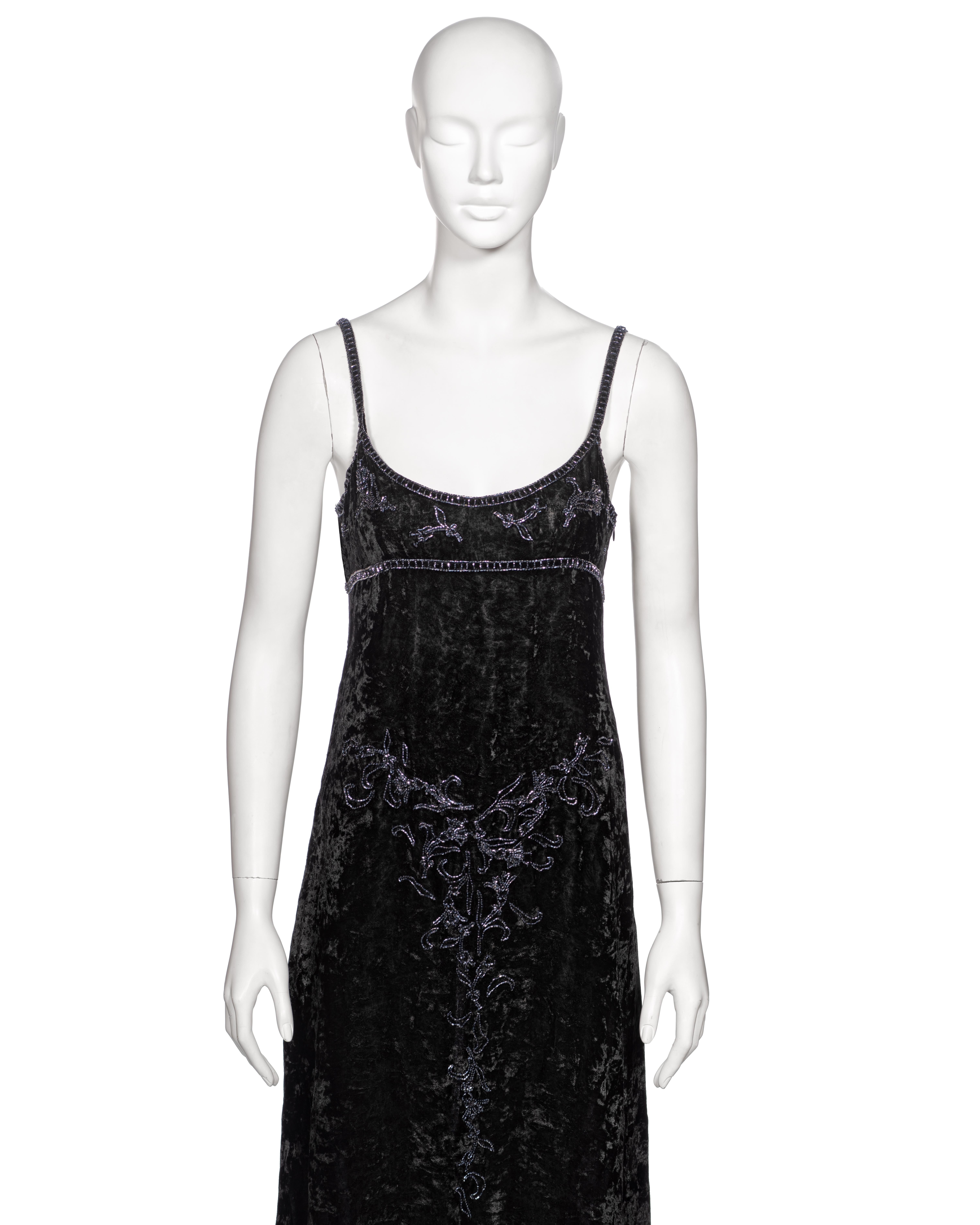 Prada by Miuccia Prada Black Crushed Velvet Bead Embroidered Slip Dress, fw 1997 In Good Condition For Sale In London, GB