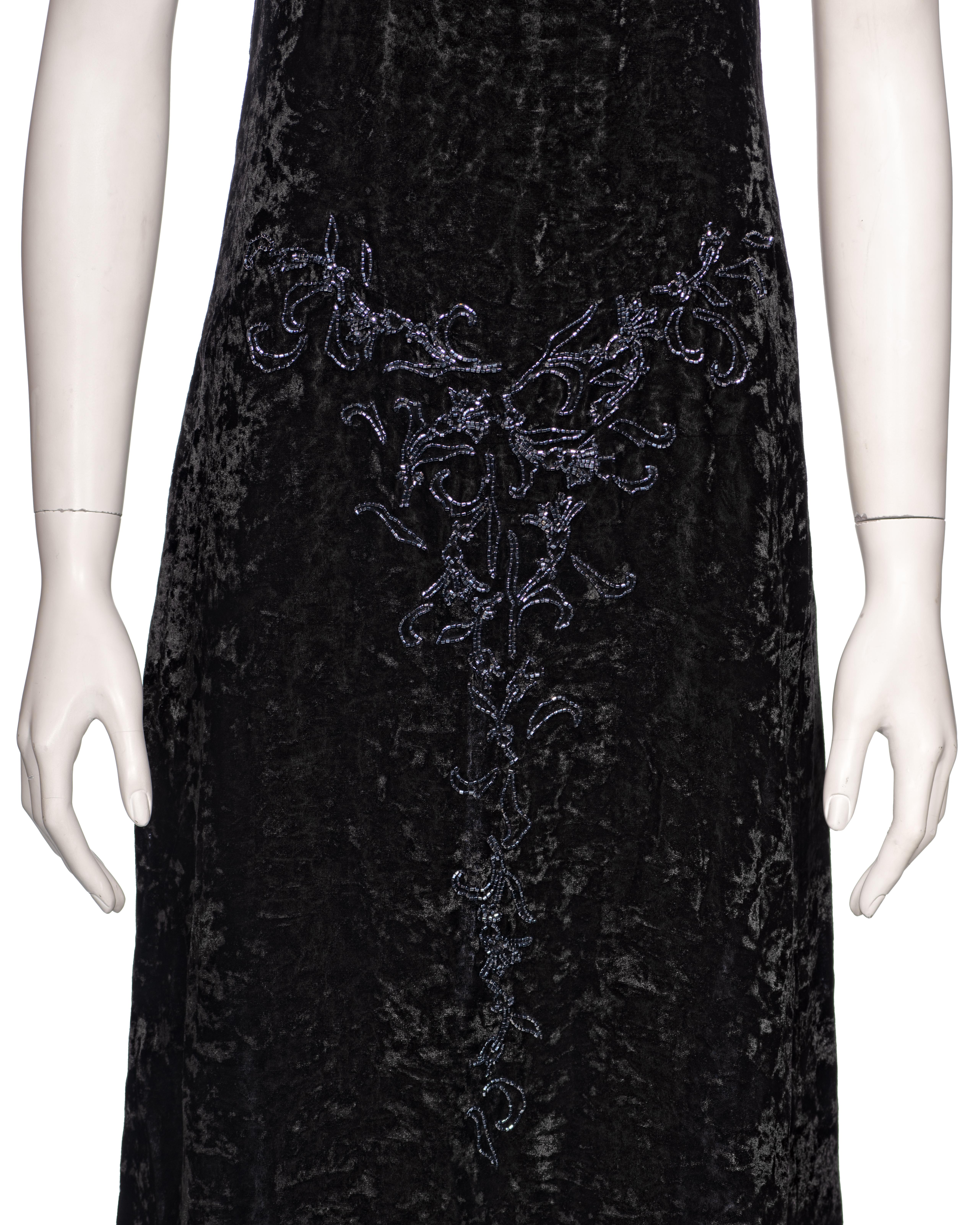 Women's Prada by Miuccia Prada Black Crushed Velvet Bead Embroidered Slip Dress, fw 1997
