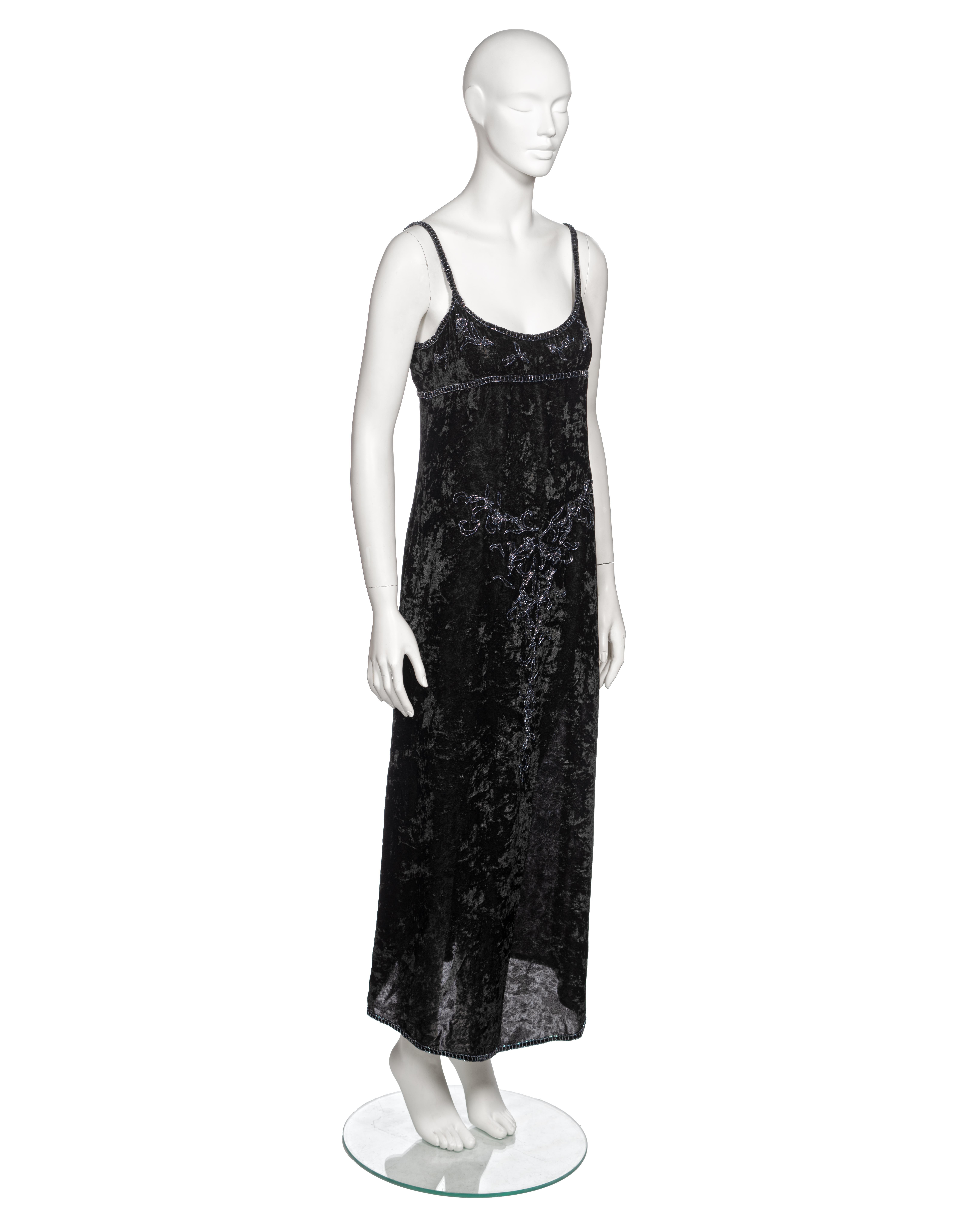 Prada by Miuccia Prada Black Crushed Velvet Bead Embroidered Slip Dress, fw 1997 For Sale 2