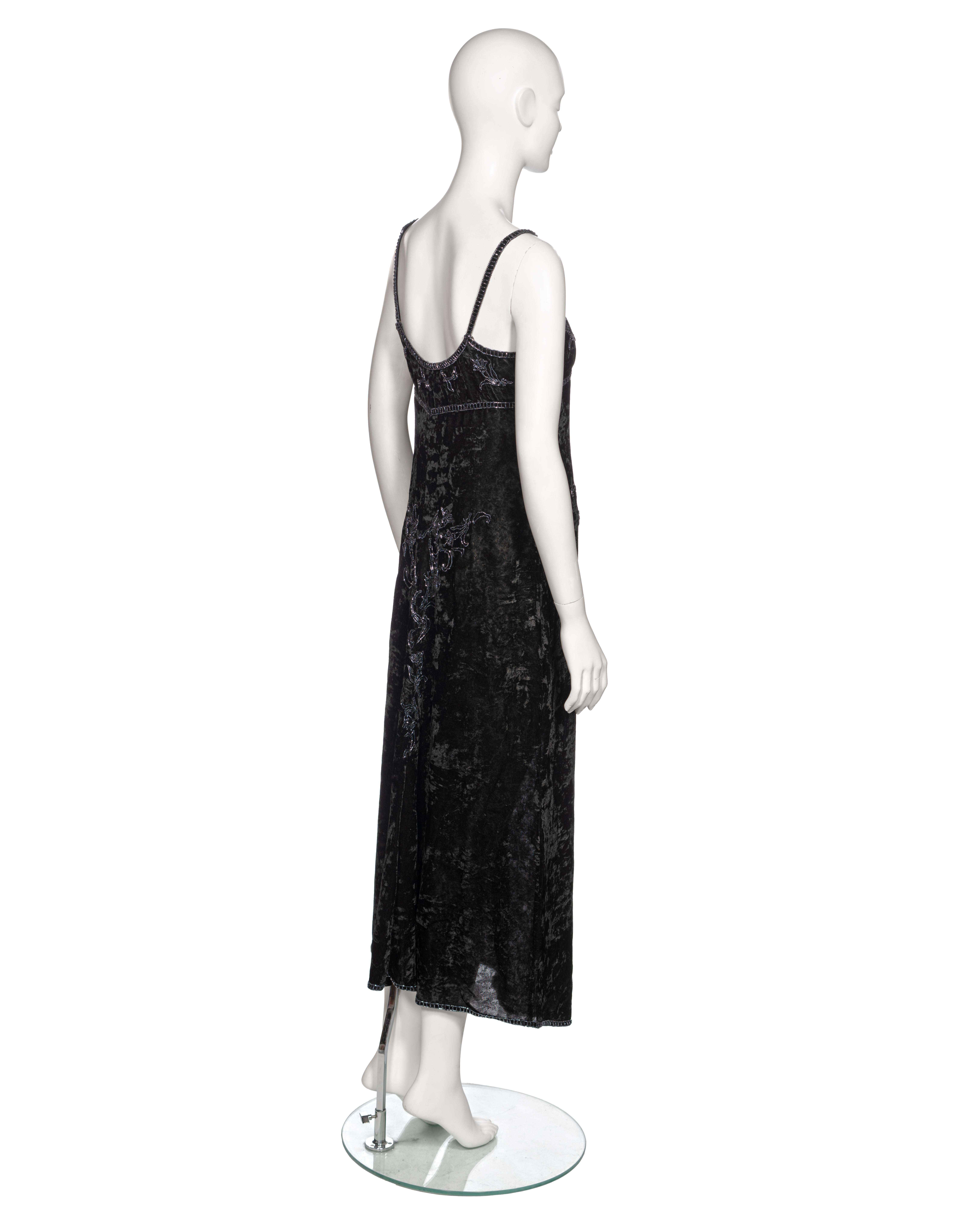 Prada by Miuccia Prada Black Crushed Velvet Bead Embroidered Slip Dress, fw 1997 For Sale 5