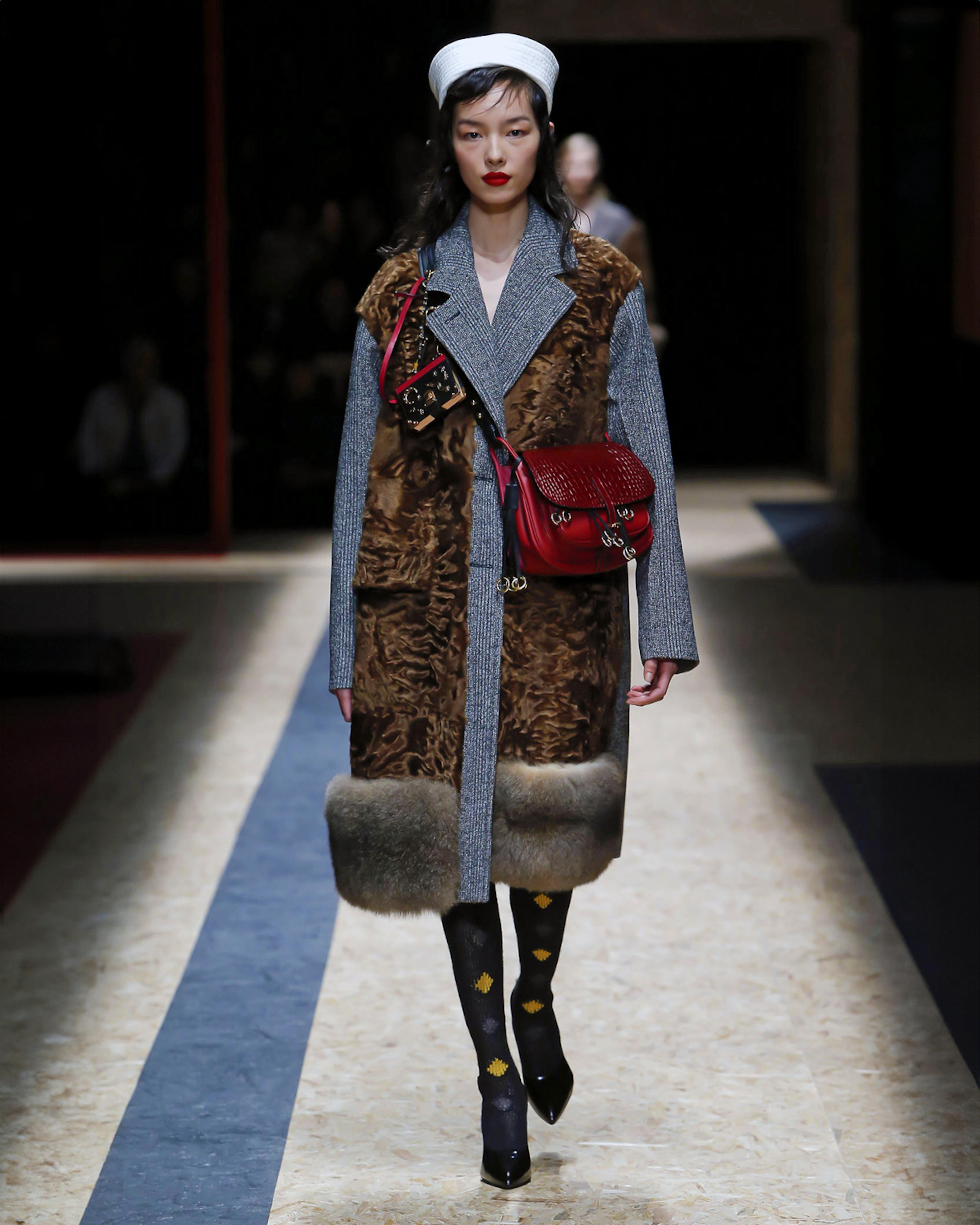 Prada by Miuccia Prada Grey and Brown Wool, Lamb and Possum Fur Coat, FW 2016 In Excellent Condition For Sale In London, GB
