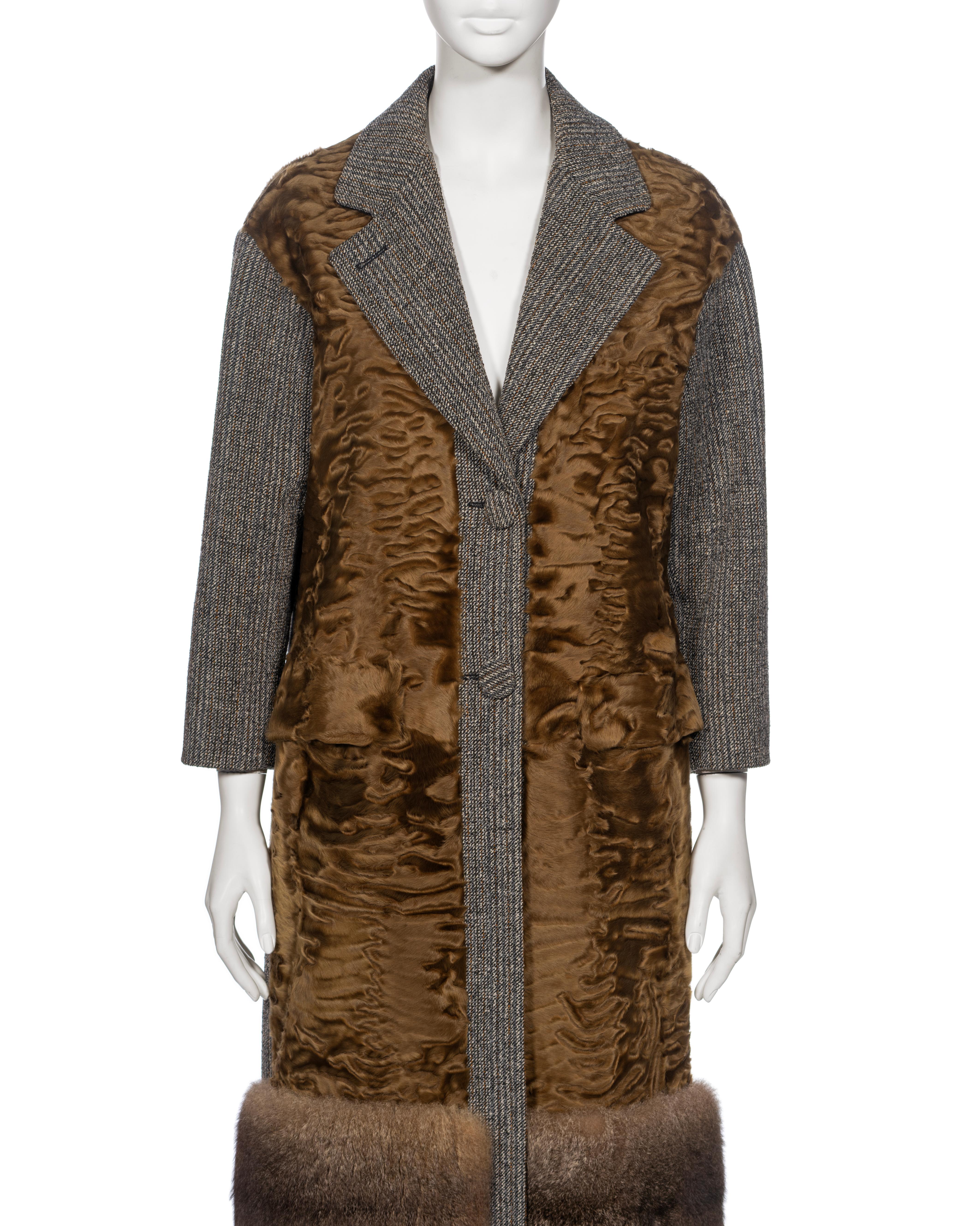 Women's Prada by Miuccia Prada Grey and Brown Wool, Lamb and Possum Fur Coat, FW 2016 For Sale