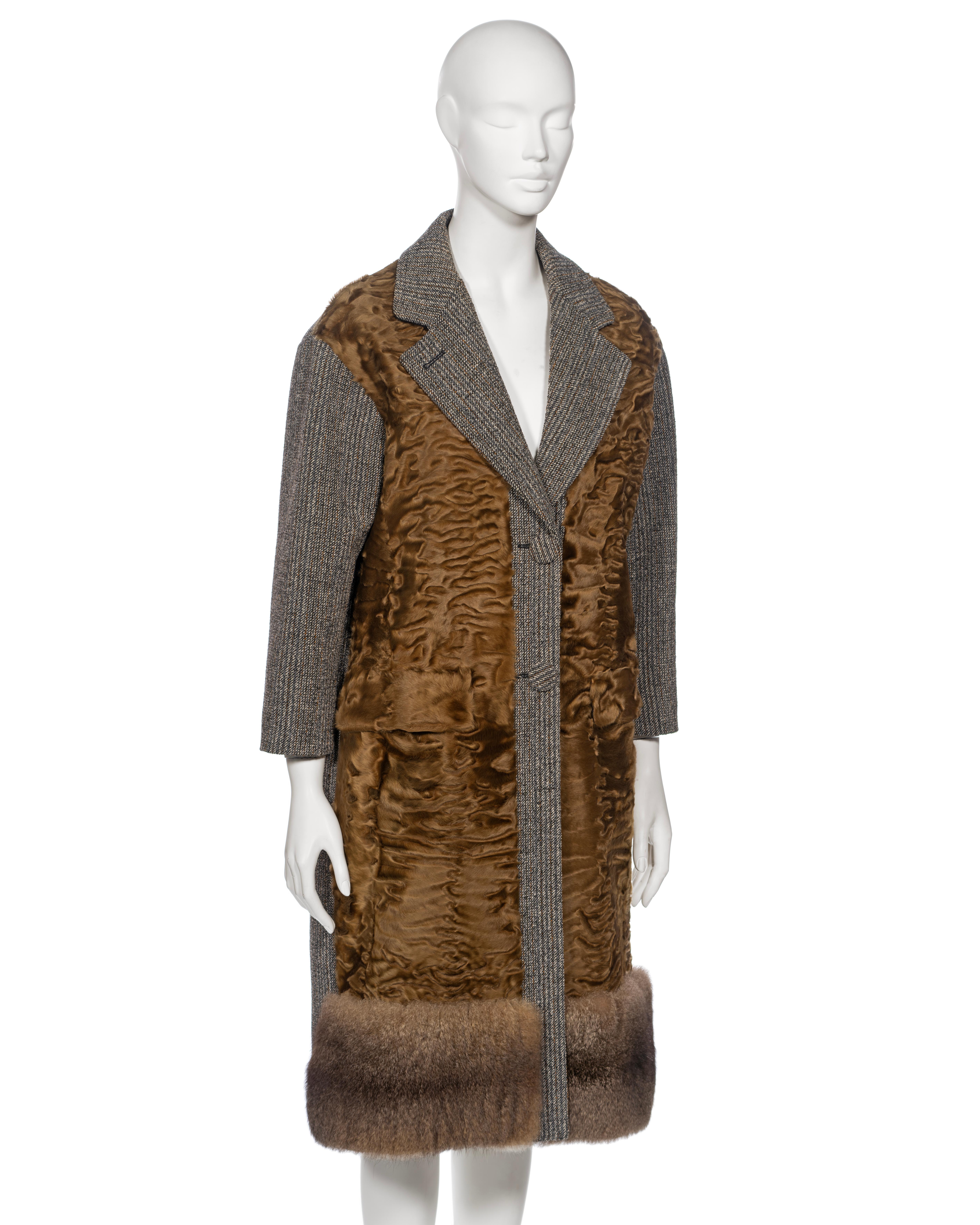 Prada by Miuccia Prada Grey and Brown Wool, Lamb and Possum Fur Coat, FW 2016 For Sale 2