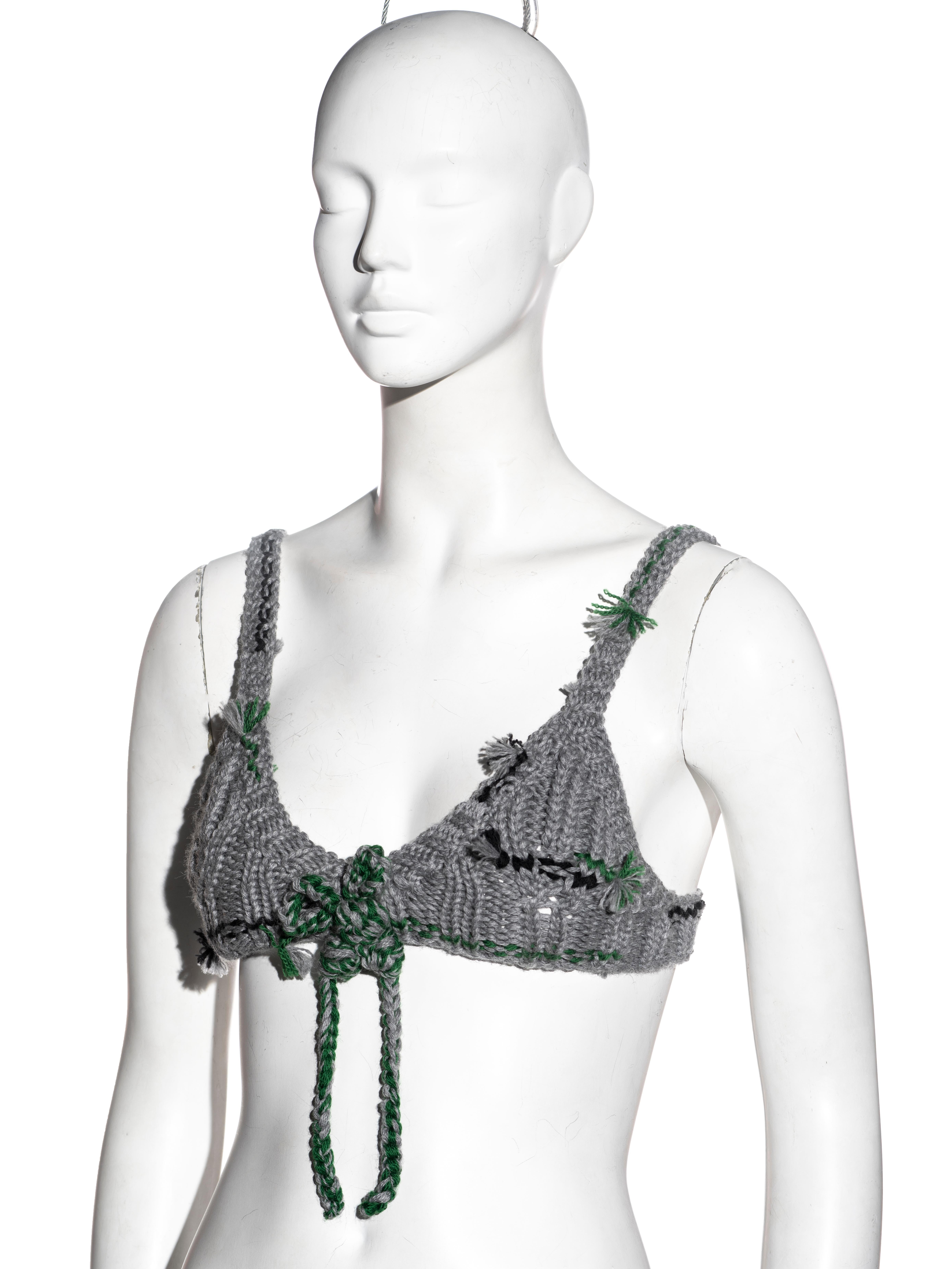 Gray Prada by Miuccia Prada grey and green crocheted wool bra top, fw 2017 For Sale