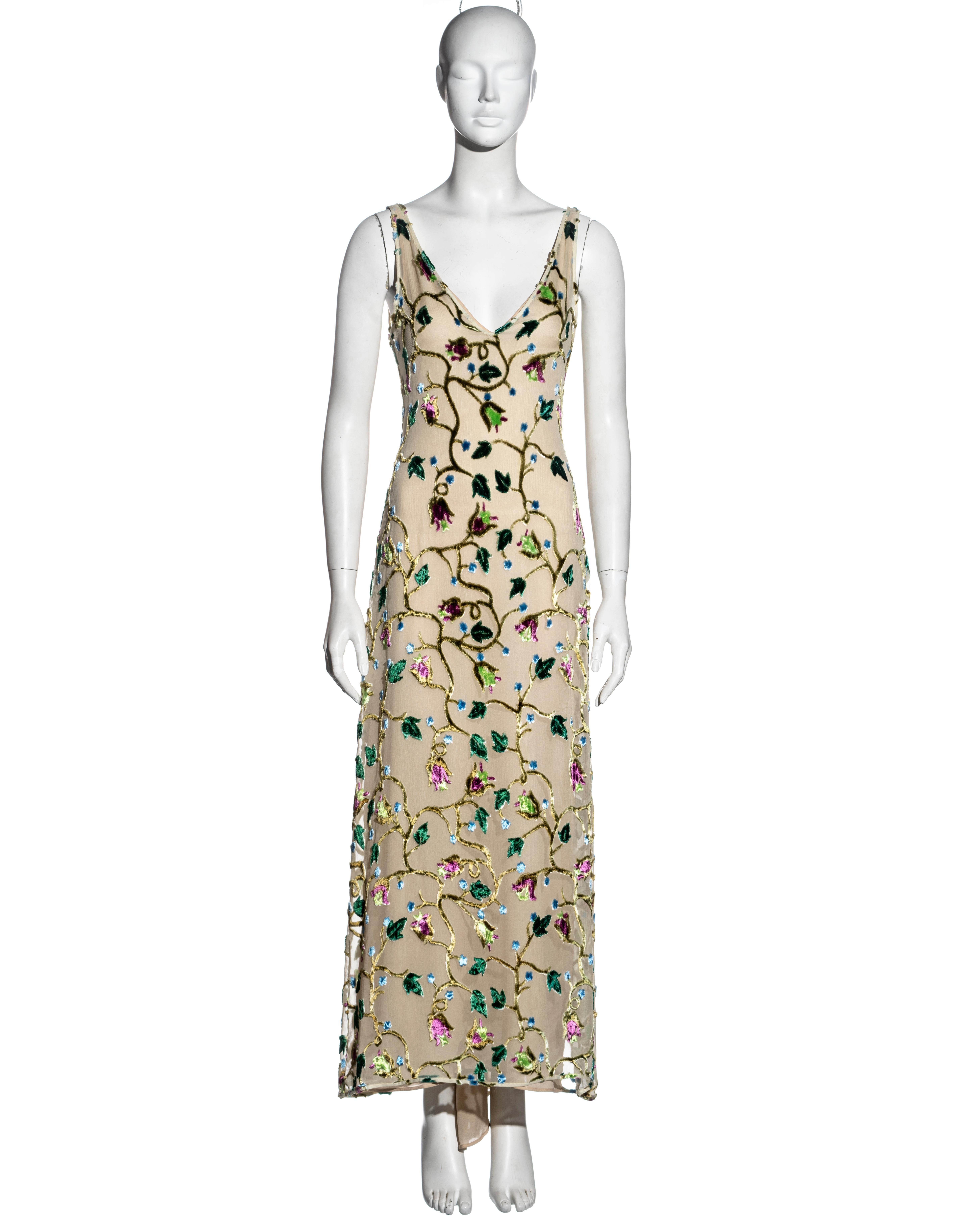 ▪ Rare Prada evening slip dress
▪ Designed by Miuccia Prada 
▪ Ivory devore chiffon with a leaf pattern in magenta, olive, green and teal 
▪ Sold with a matching Prada nude silk slip dress to wear underneath
▪ IT 42 - FR 38 - UK 10 
▪ Spring-Summer