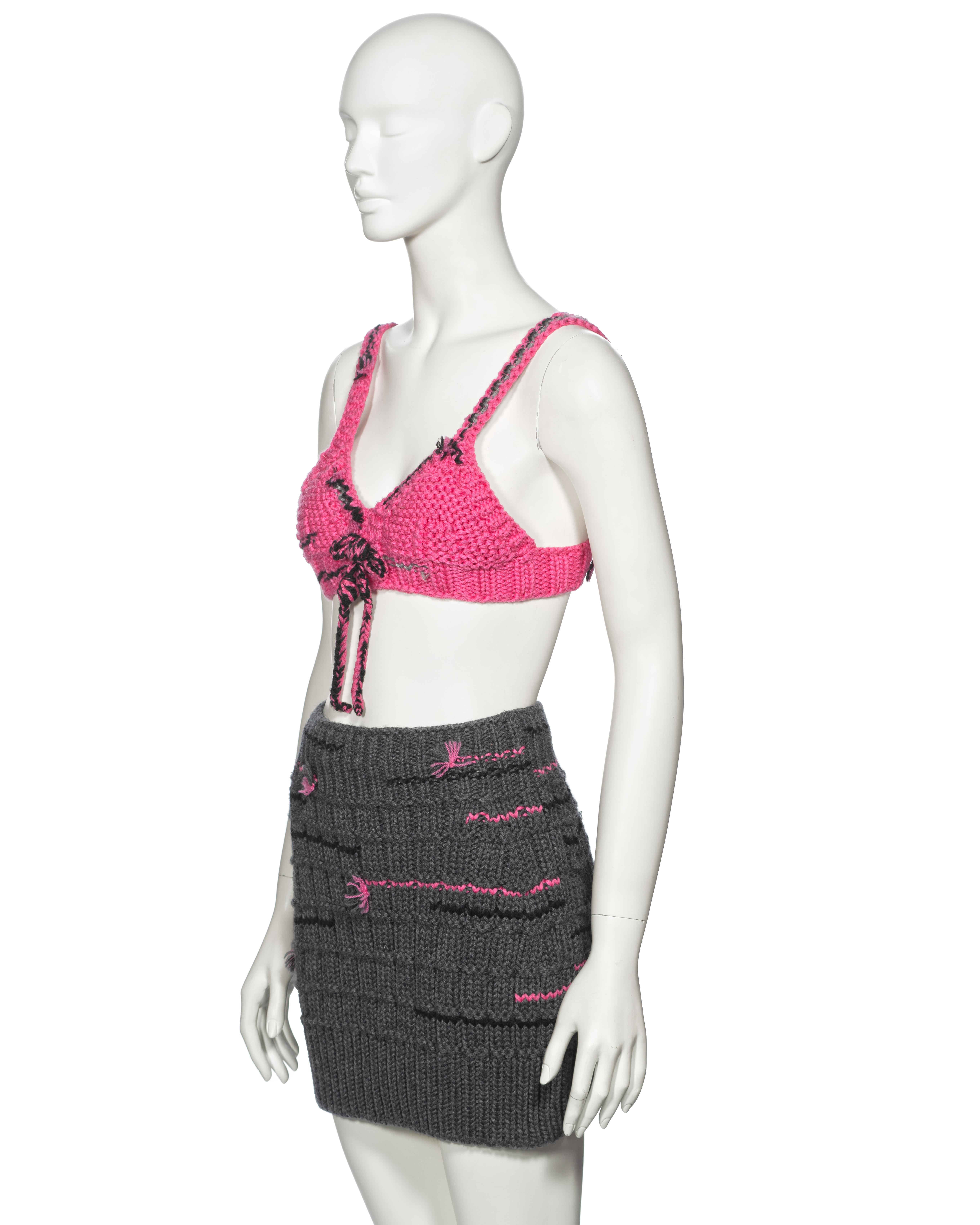 Prada by Miuccia Prada Pink and Grey Knitted Bra and Mini Skirt Set, fw 2017 For Sale 5