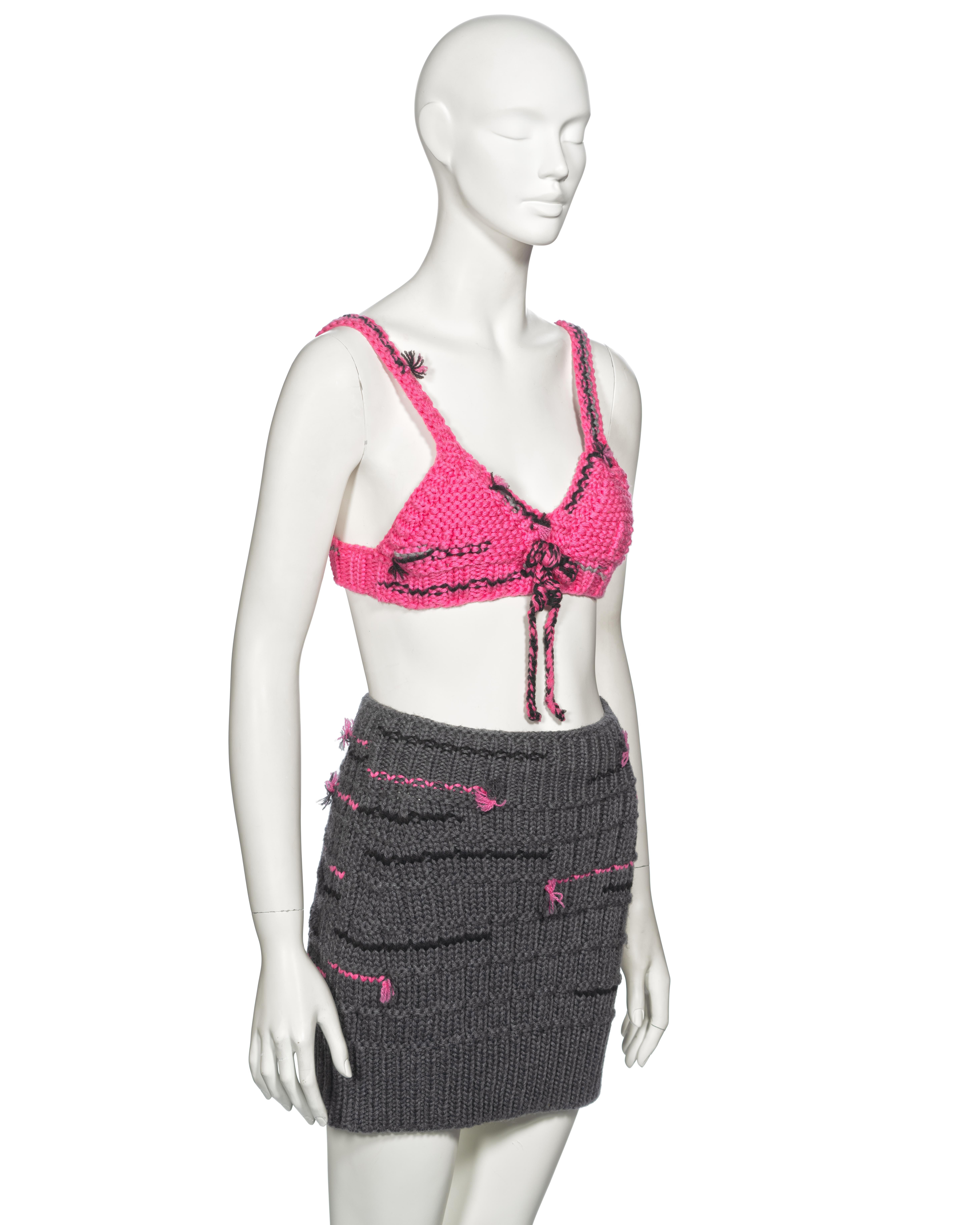 Prada by Miuccia Prada Pink and Grey Knitted Bra and Mini Skirt Set, fw 2017 For Sale 1
