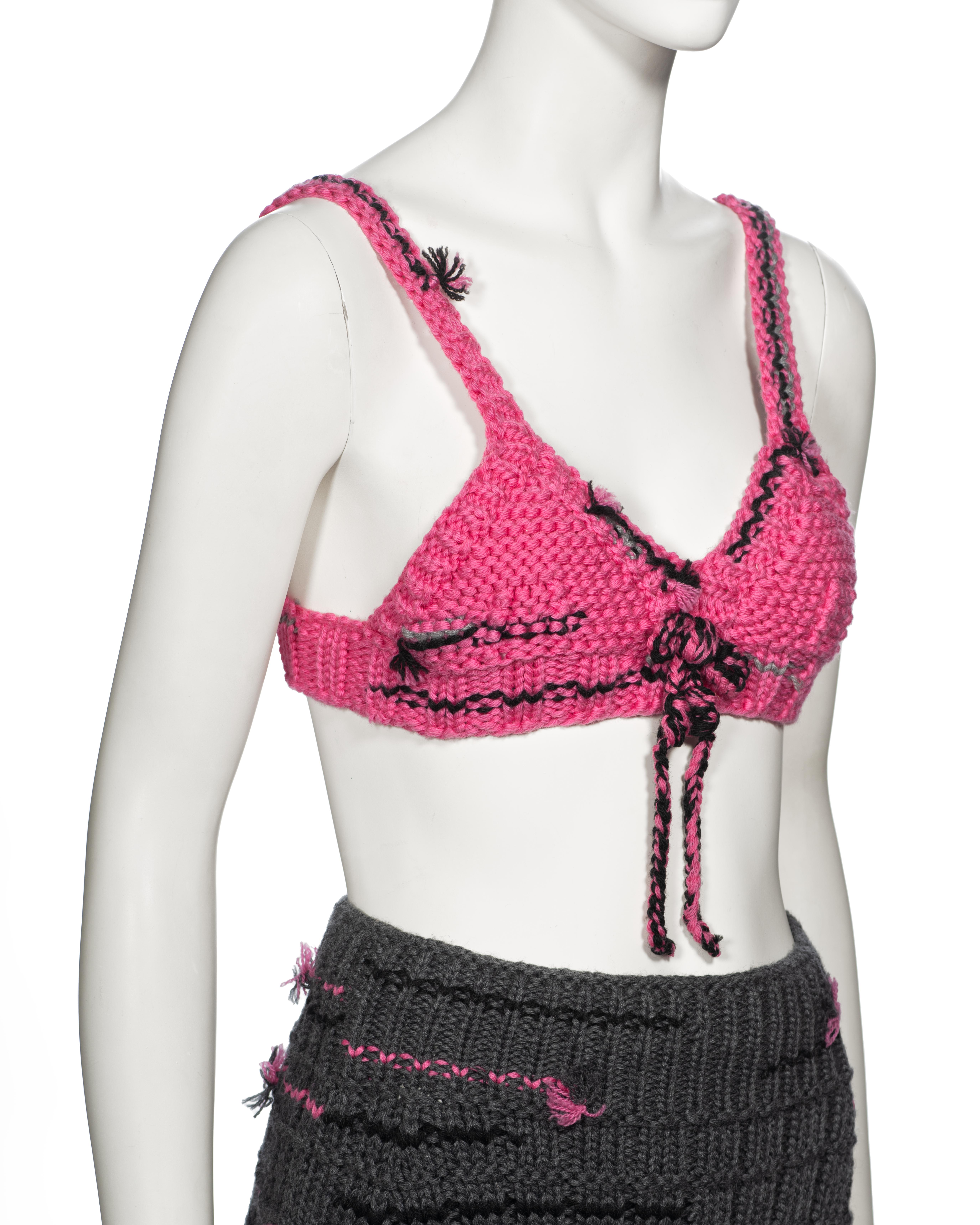 Prada by Miuccia Prada Pink and Grey Knitted Bra and Mini Skirt Set, fw 2017 For Sale 2