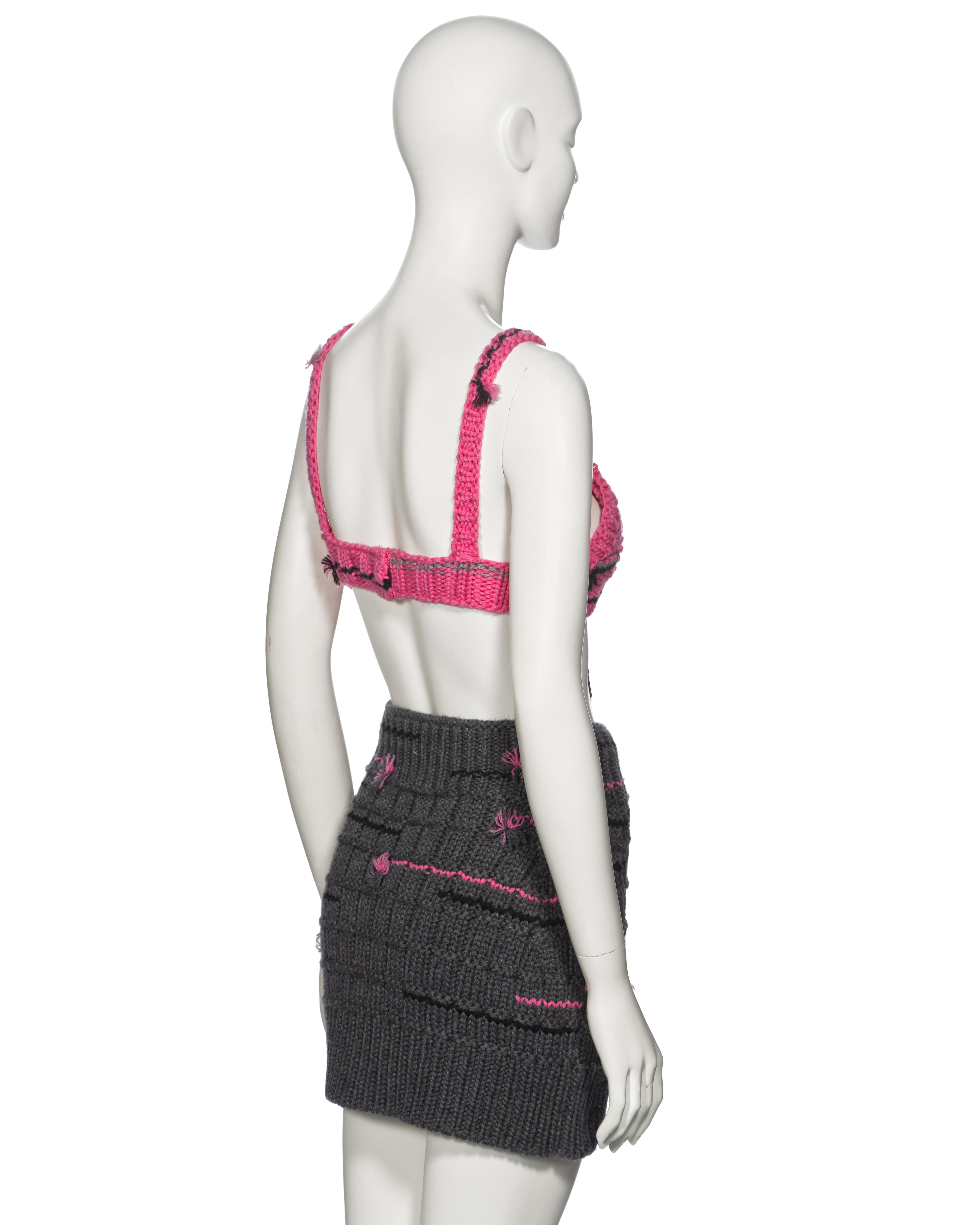 Prada by Miuccia Prada Pink and Grey Knitted Bra and Mini Skirt Set, fw 2017 For Sale 3