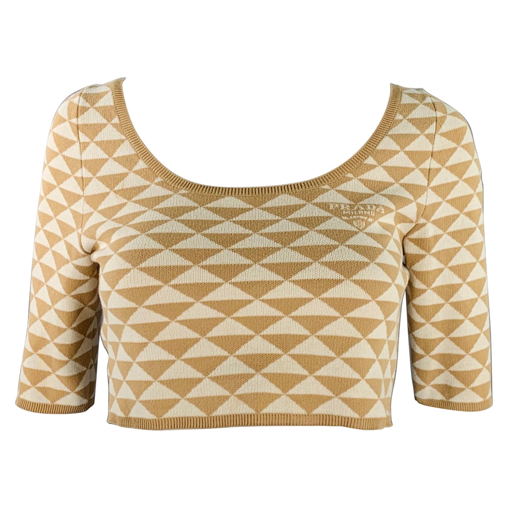 PRADA by RAF SIMONS 2023 Size S Beige Cream Knit Triangle Cropped Pullover For Sale