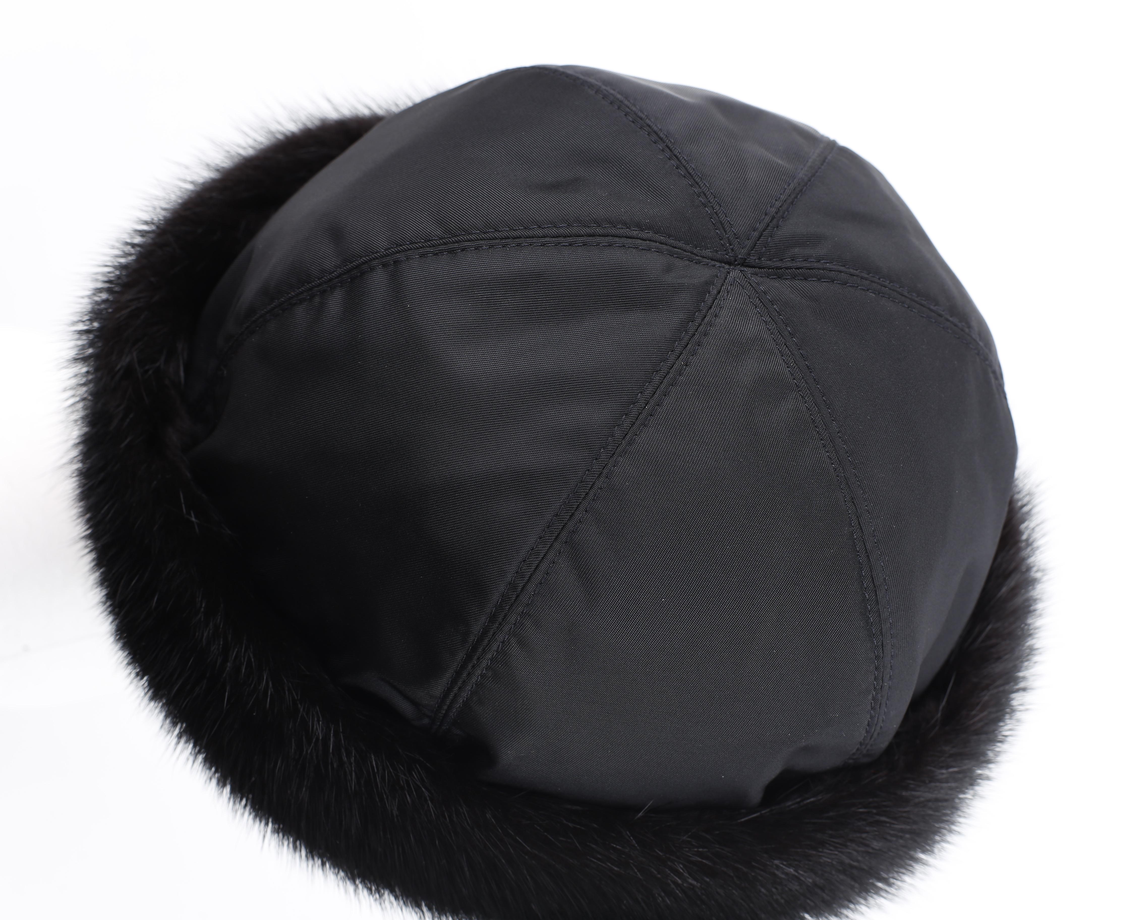 PRADA c.1990's Black Mink Fur Nylon Winter Hat Cap en vente 6