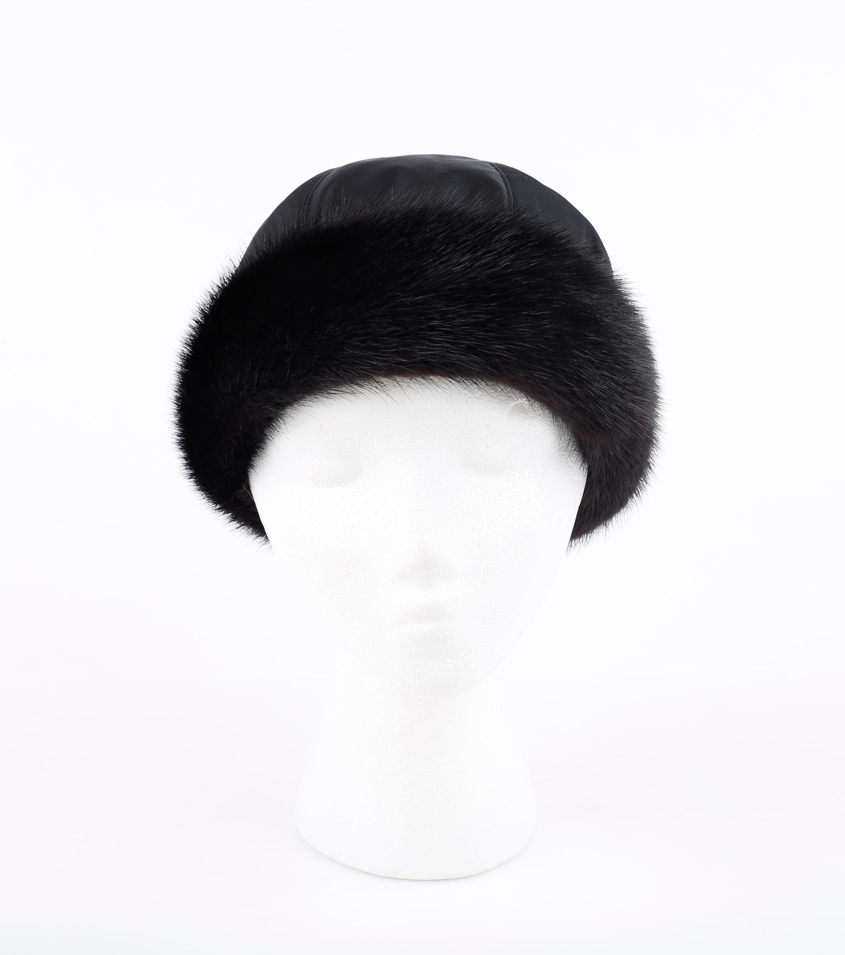 PRADA c.1990's Black Mink Fur Nylon Winter Hat Cap Bon état - En vente à Thiensville, WI