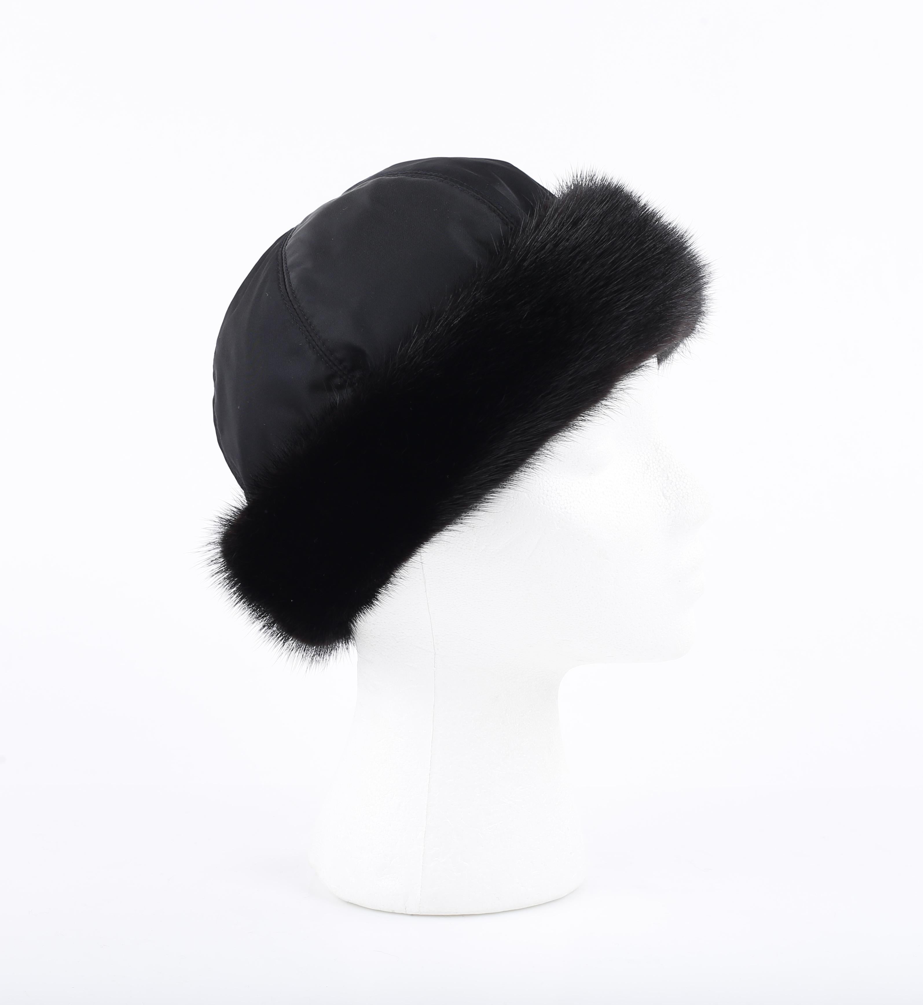PRADA c.1990's Black Mink Fur Nylon Winter Hat Cap Pour femmes en vente