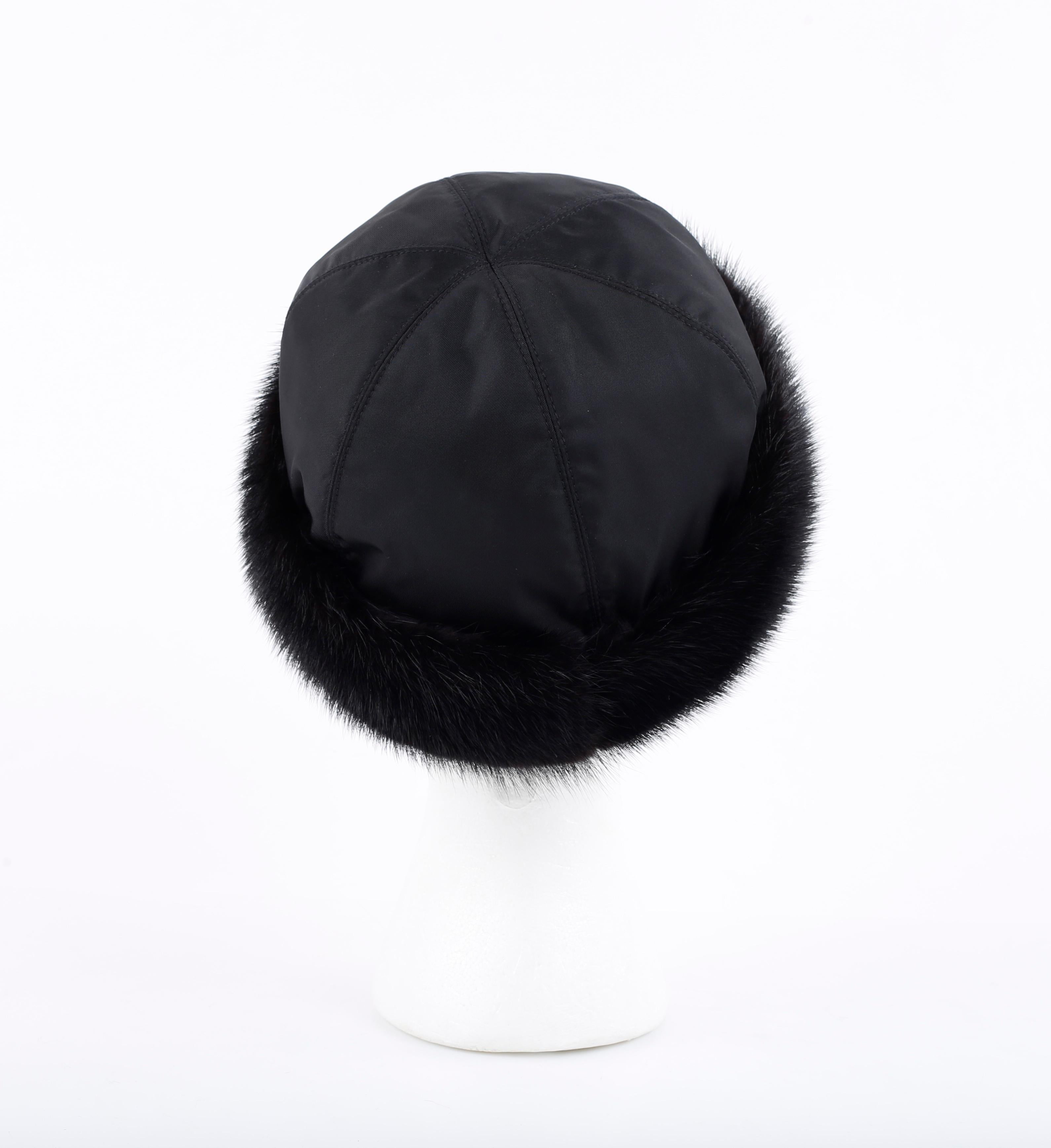 PRADA c.1990's Black Mink Fur Nylon Winter Hat Cap en vente 1