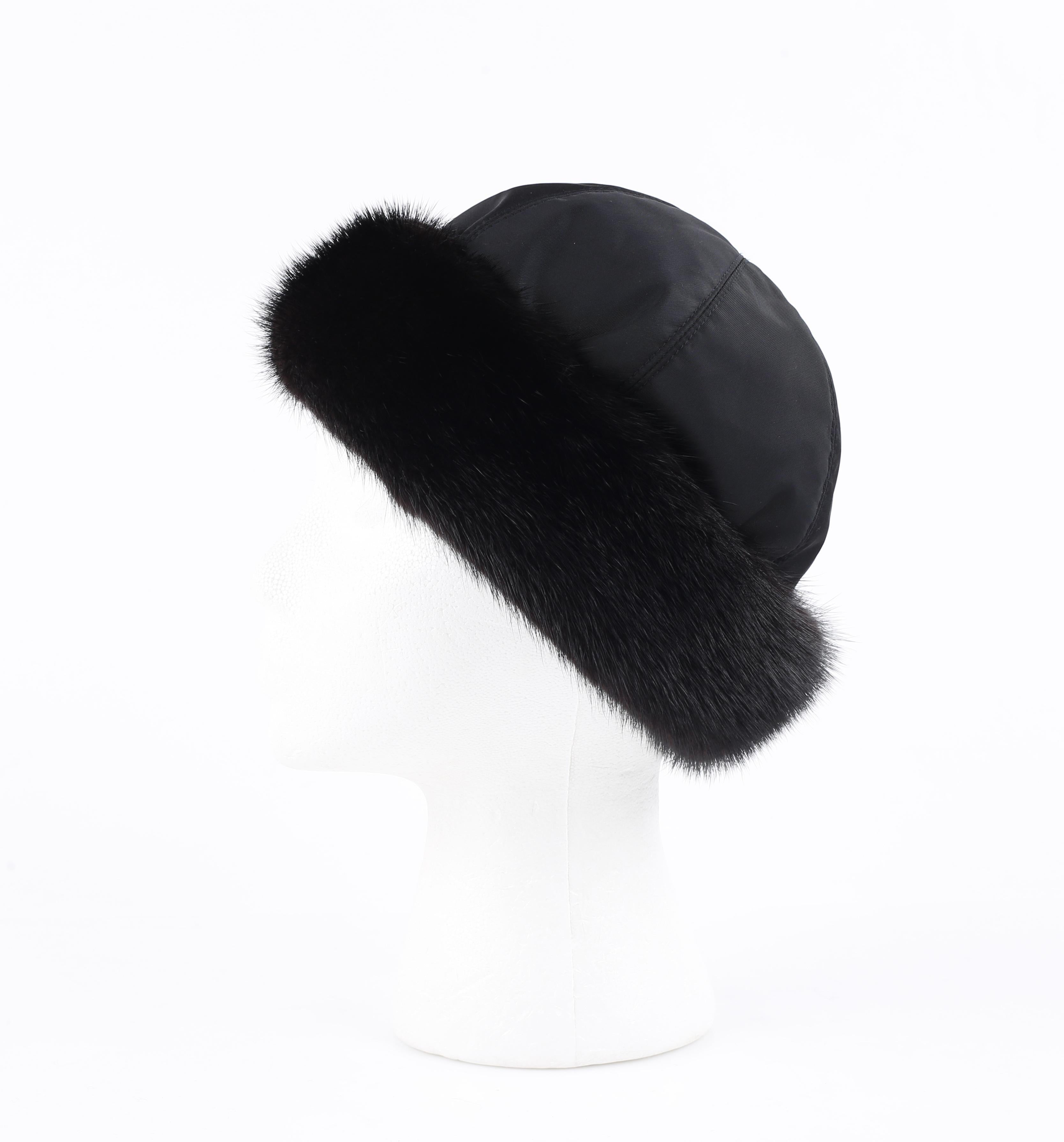 PRADA c.1990's Black Mink Fur Nylon Winter Hat Cap en vente 2