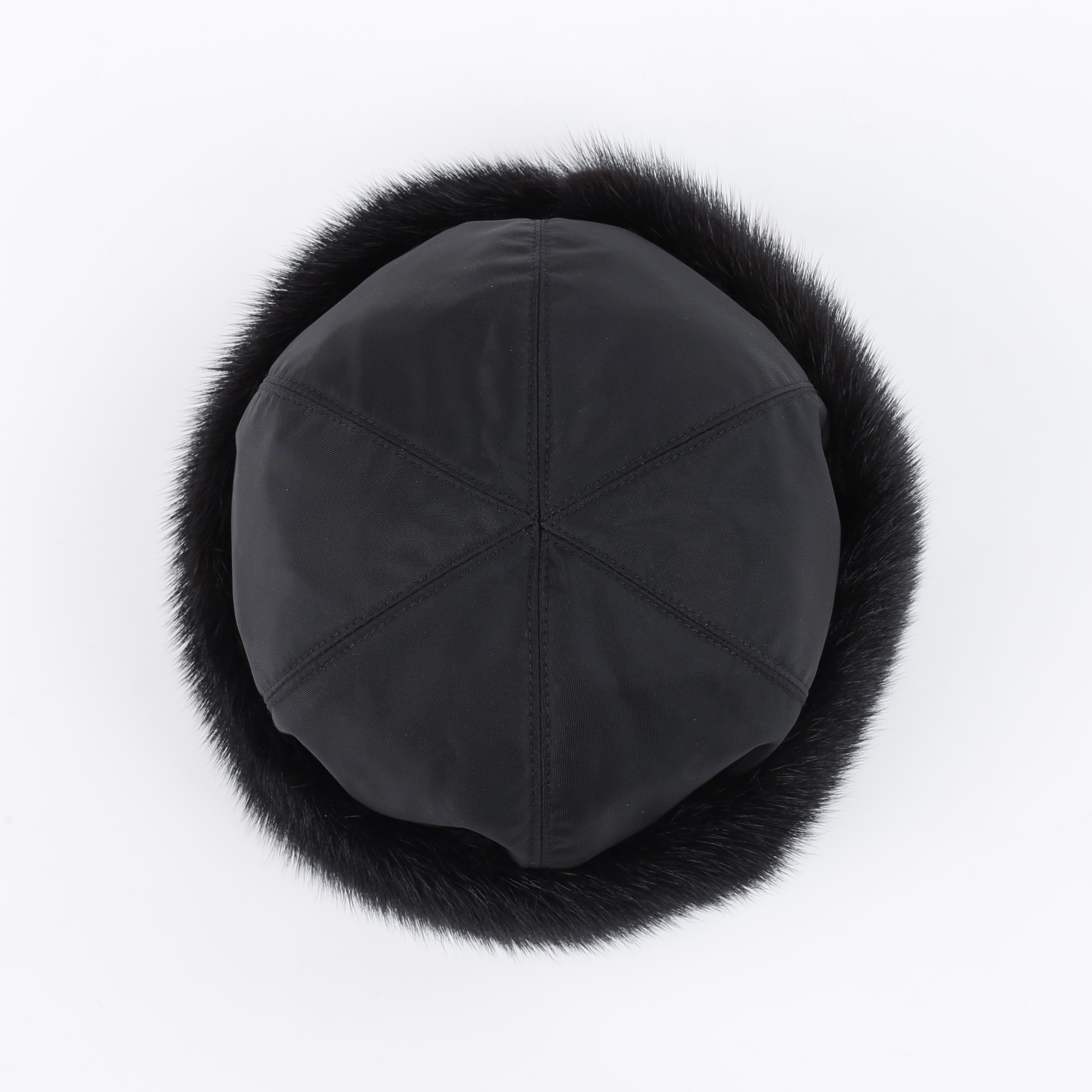 PRADA c.1990's Black Mink Fur Nylon Winter Hat Cap en vente 3