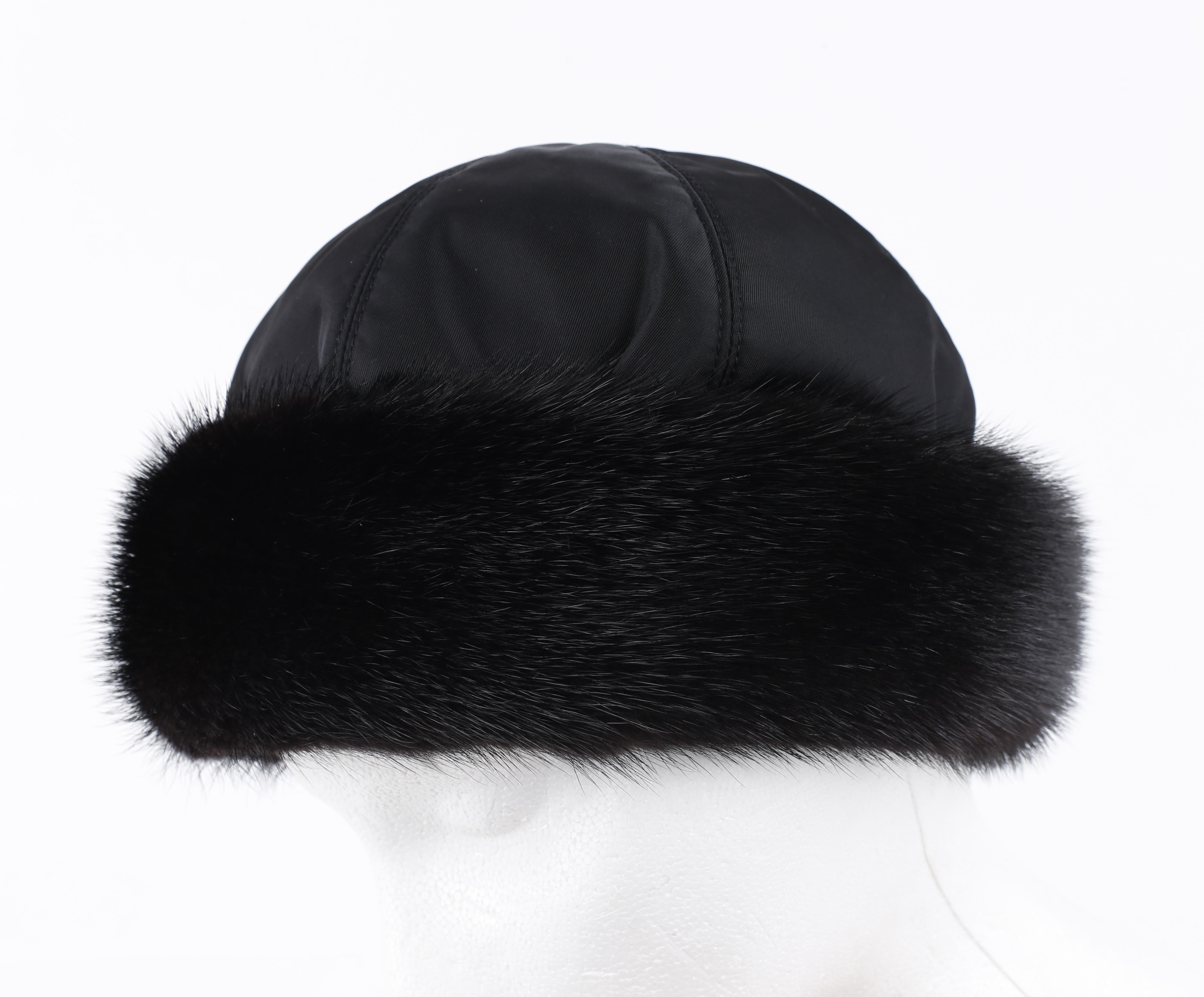 PRADA c.1990's Black Mink Fur Nylon Winter Hat Cap en vente 5