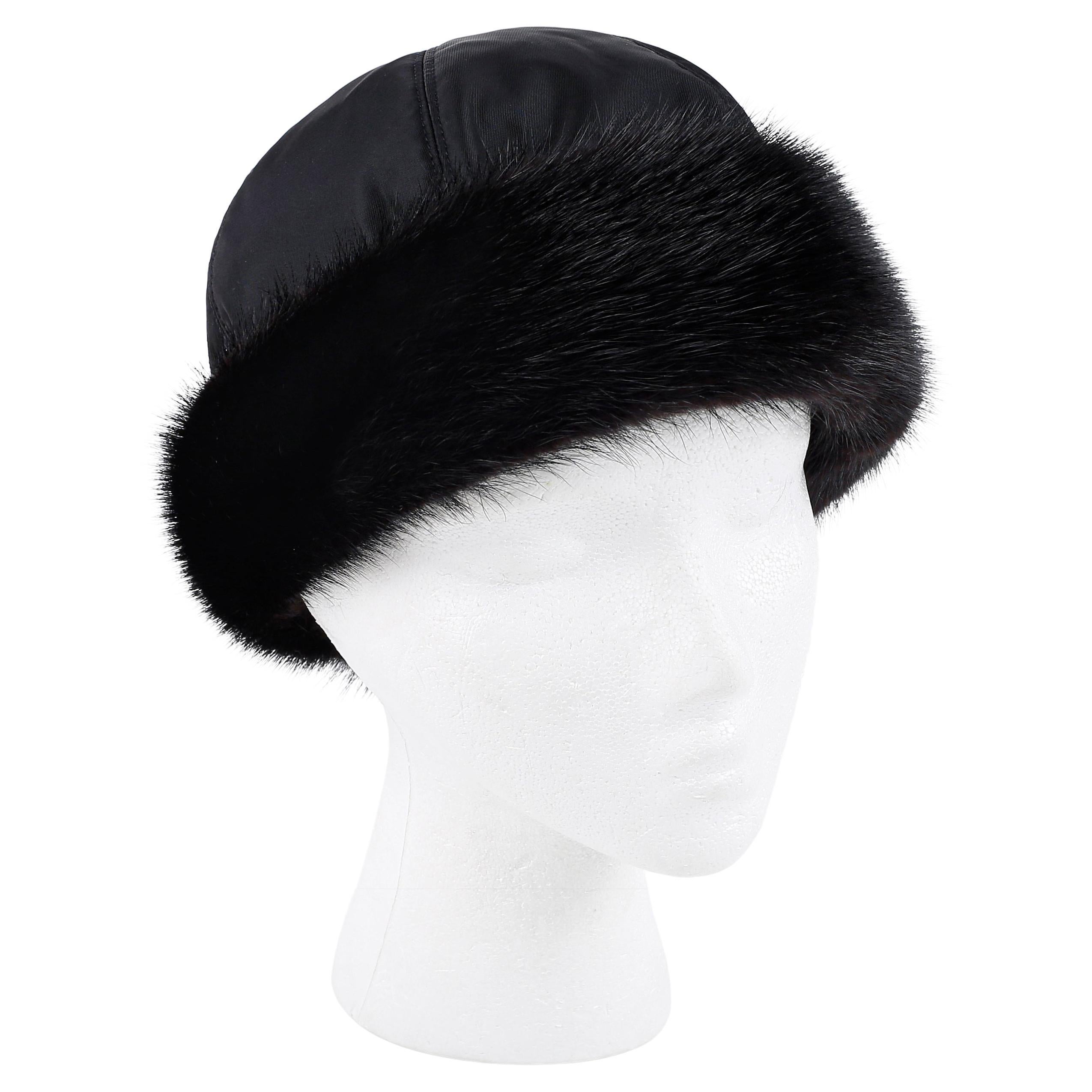 PRADA c.1990's Black Mink Fur Nylon Winter Hat Cap en vente