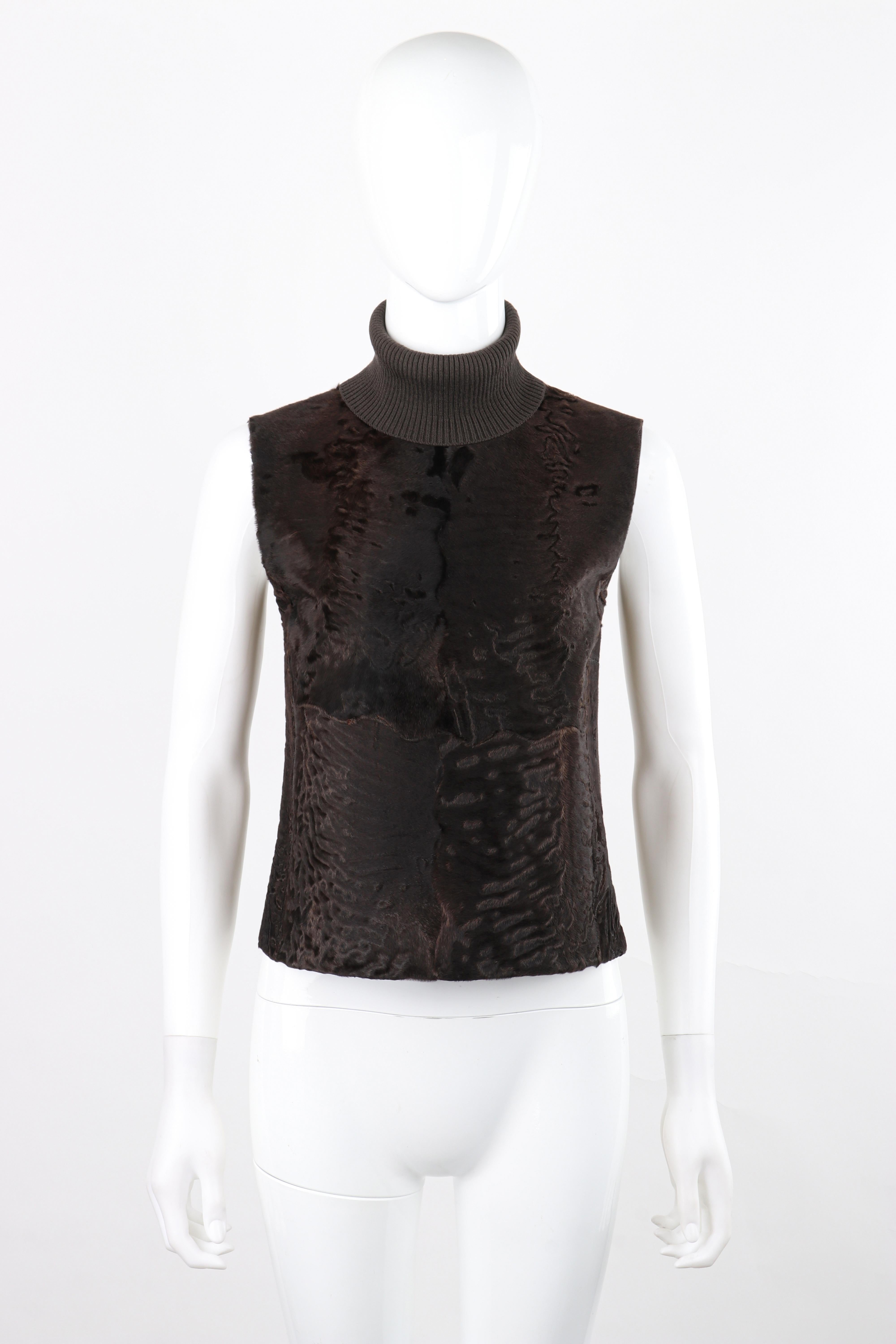 PRADA c.1990's Brown Knit Wool Dyed Fur Sleeveless Pullover Turtleneck Shirt Top

Brand / Manufacturer: Prada
Circa: 1990's
Designer: Miuccia Prada
Style: Turtleneck Top
Color(s): Dark Brown
Lined: Front (Yes), Back (No)
Marked Fabric: 
