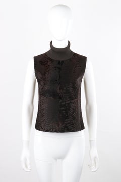 PRADA c.1990's Brown Knit Wool Dyed Lamb Fur Sleeveless Pullover Turtleneck Top