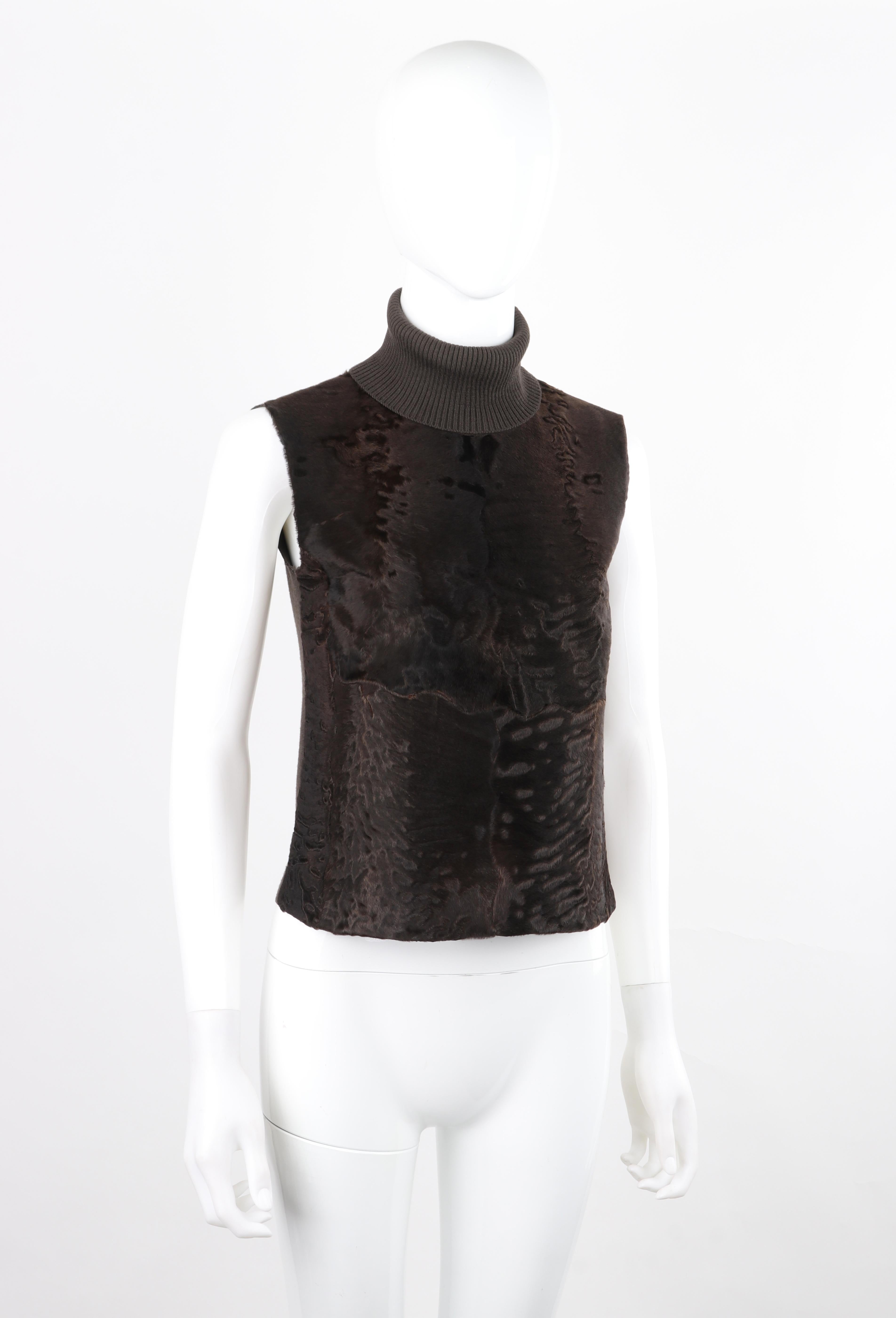 PRADA c.1990's Brown Knit Wool Dyed Lamb Fur Sleeveless Pullover Turtleneck Top In Good Condition For Sale In Thiensville, WI
