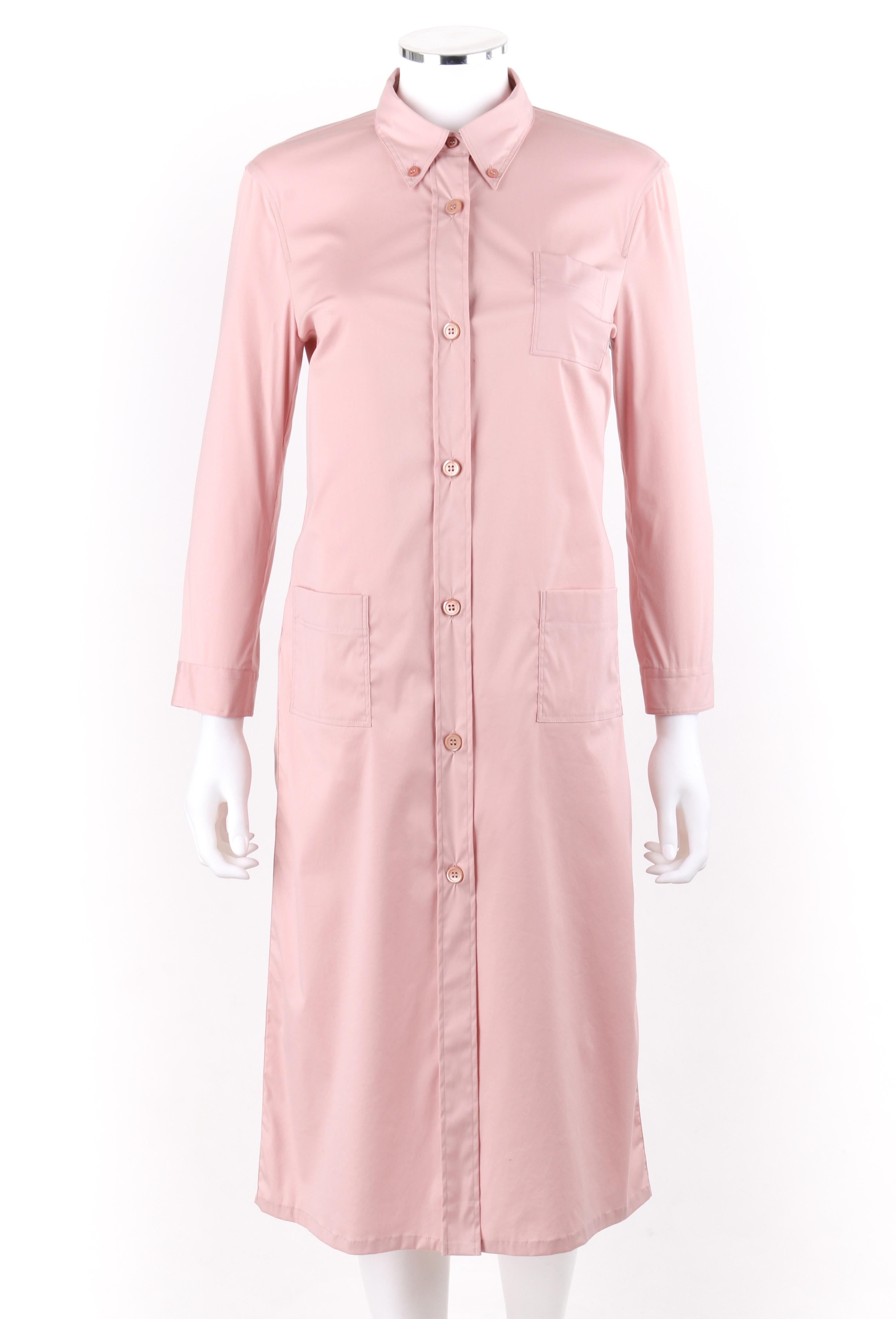 PRADA c.2000’s Pink Button Down Patch Pocket Belted Long Sleeve Shirt Dress In Good Condition In Thiensville, WI