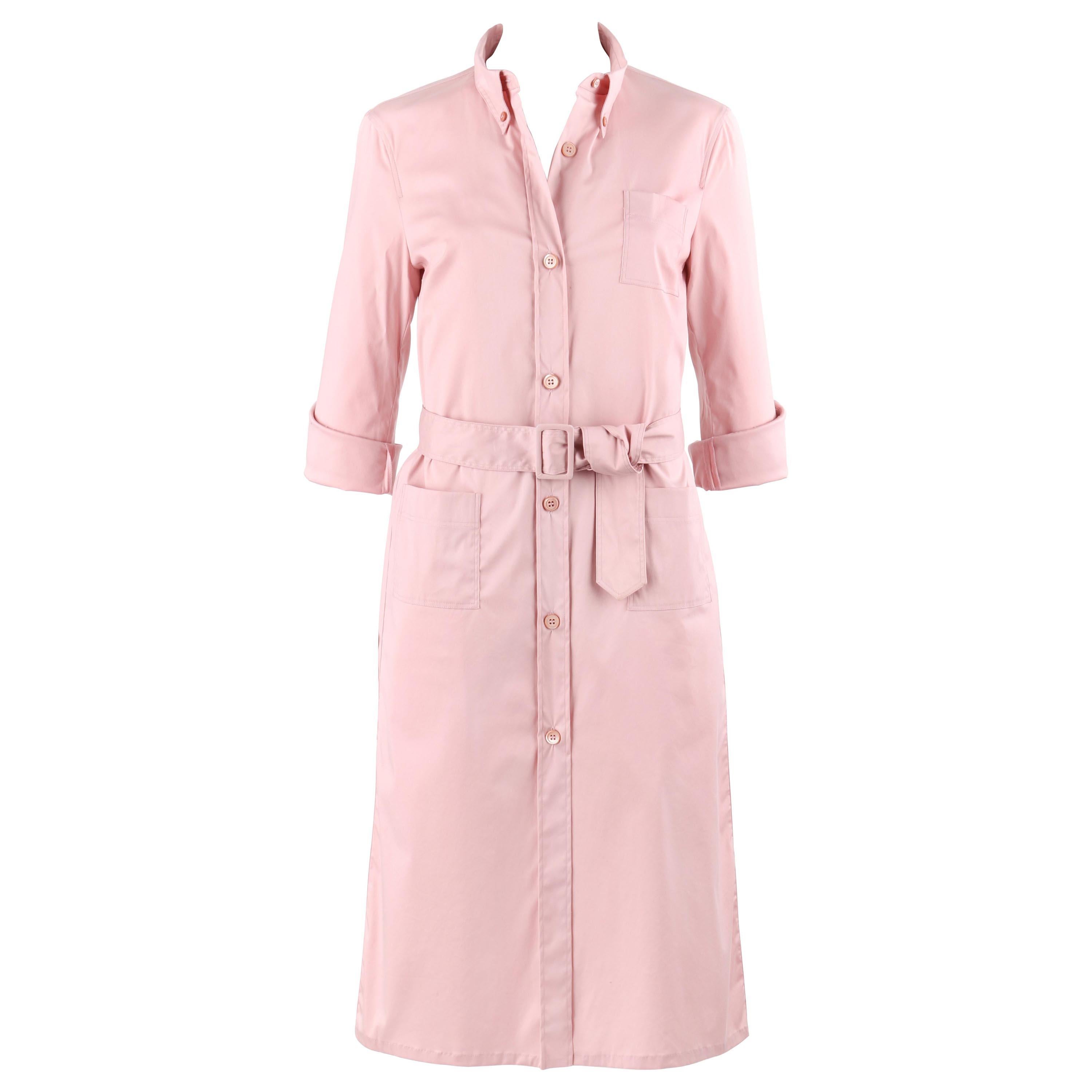 PRADA c.2000’s Pink Button Down Patch Pocket Belted Long Sleeve Shirt Dress