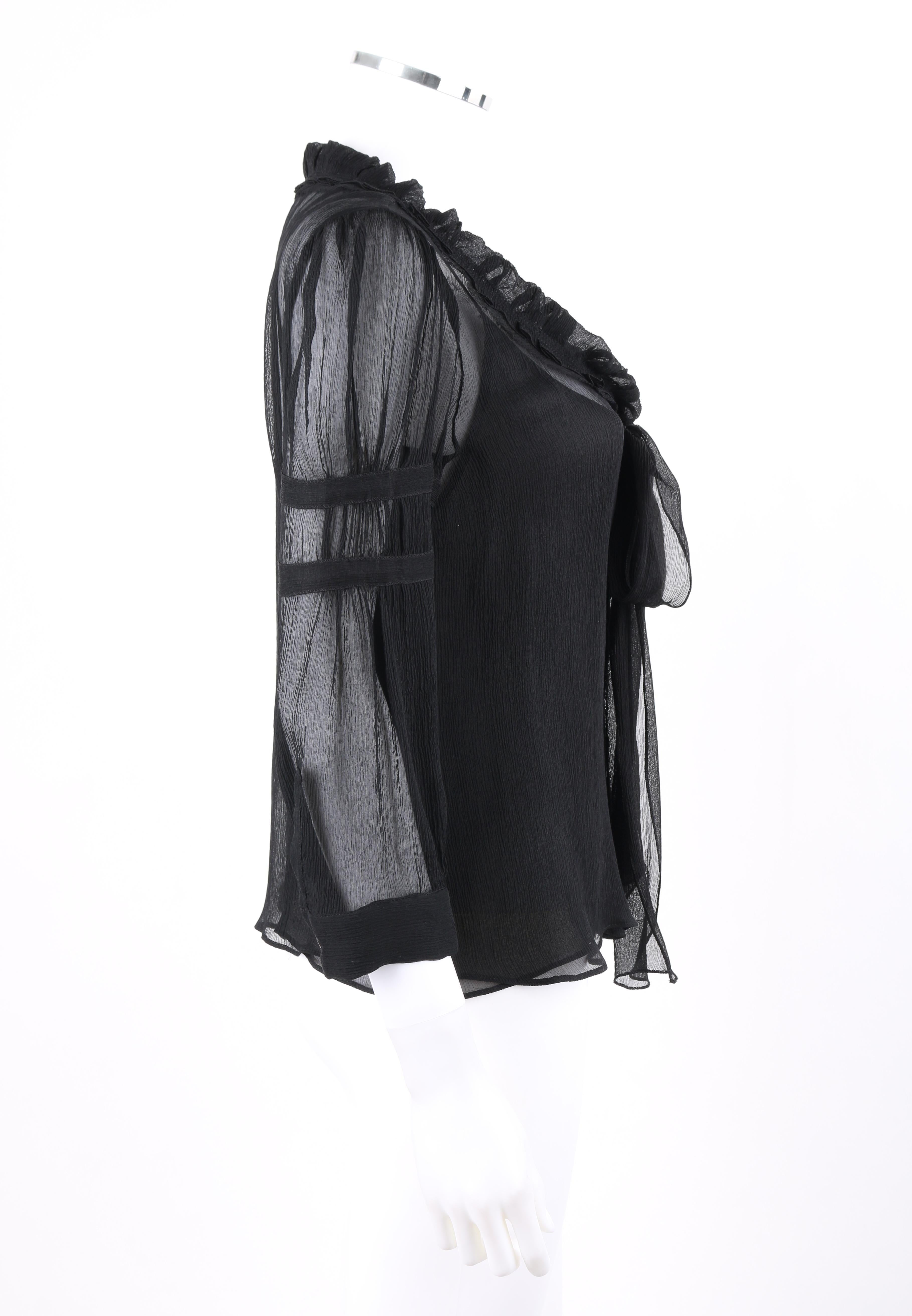 PRADA c.2006 Black Ruffle Trim Neckline Silk Chiffon Crepe Semi Sheer Blouse Top

Brand / Manufacturer: Prada
Circa: 2006
Designer: Miuccia Prada
Style: Sheer blouse; layered tank top
Color(s): Black
Lined: Yes
Marked Fabric Content: “100%