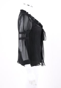 PRADA c.2006 Black Ruffle Trim Neckline Silk Chiffon Crepe Semi Sheer Blouse Top