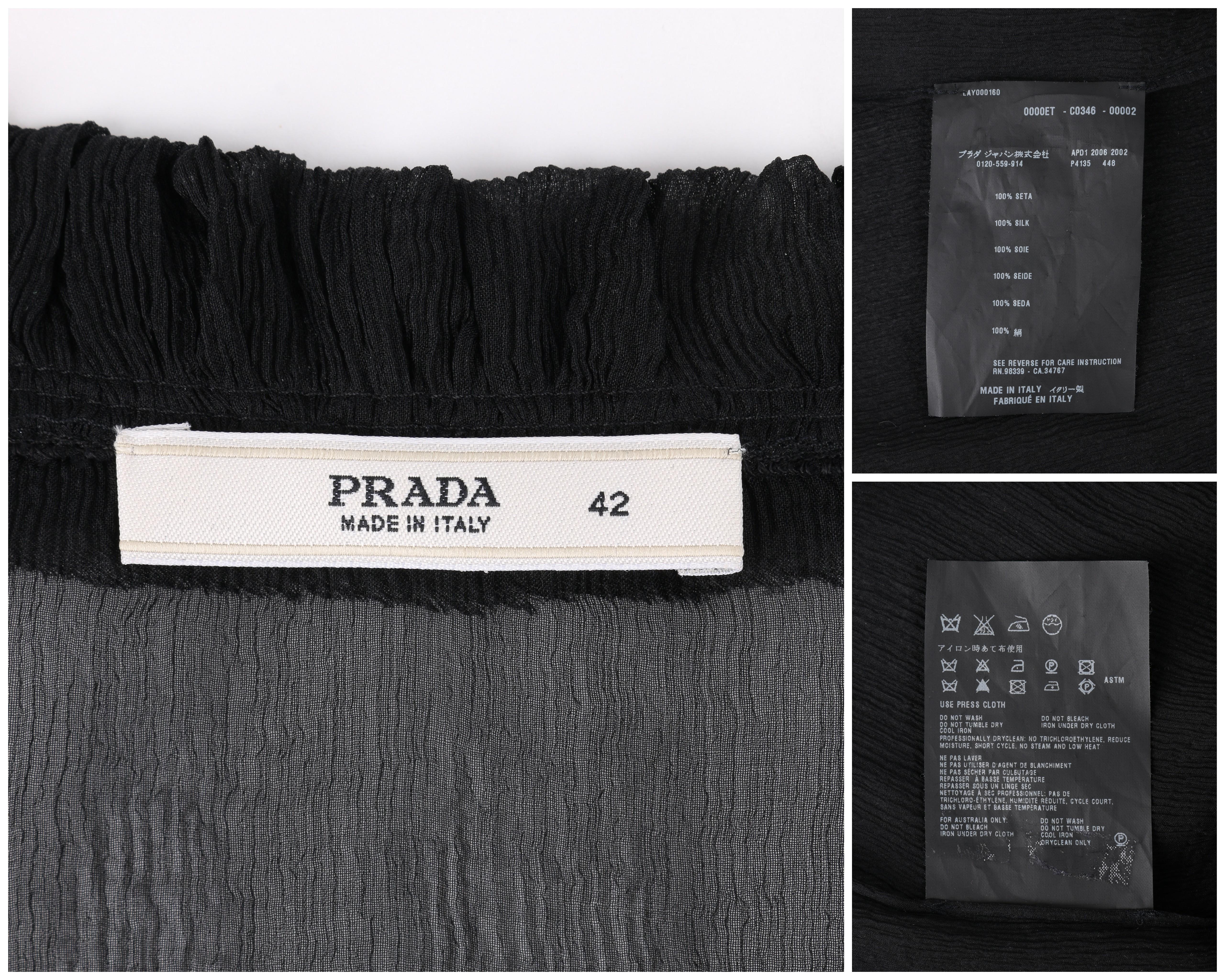 Women's PRADA c.2006 Black Ruffle Trim Neckline Silk Chiffon Crepe Semi Sheer Blouse Top