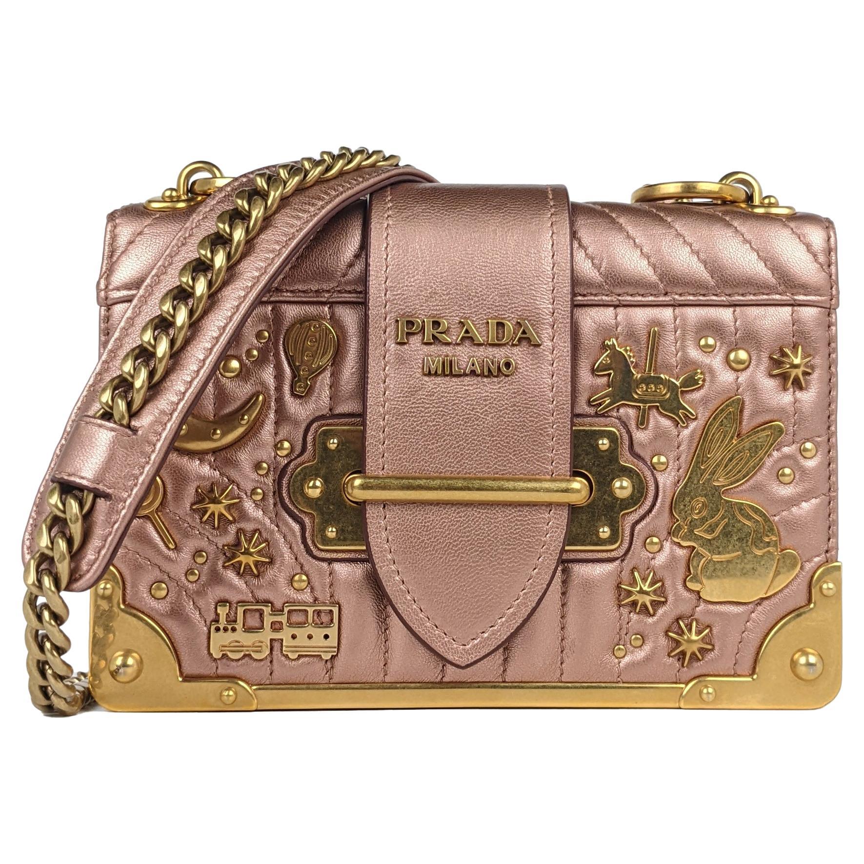 Prada Cahier Antico Mordo Stud Small Pink Gold Leather Cross Body Bag