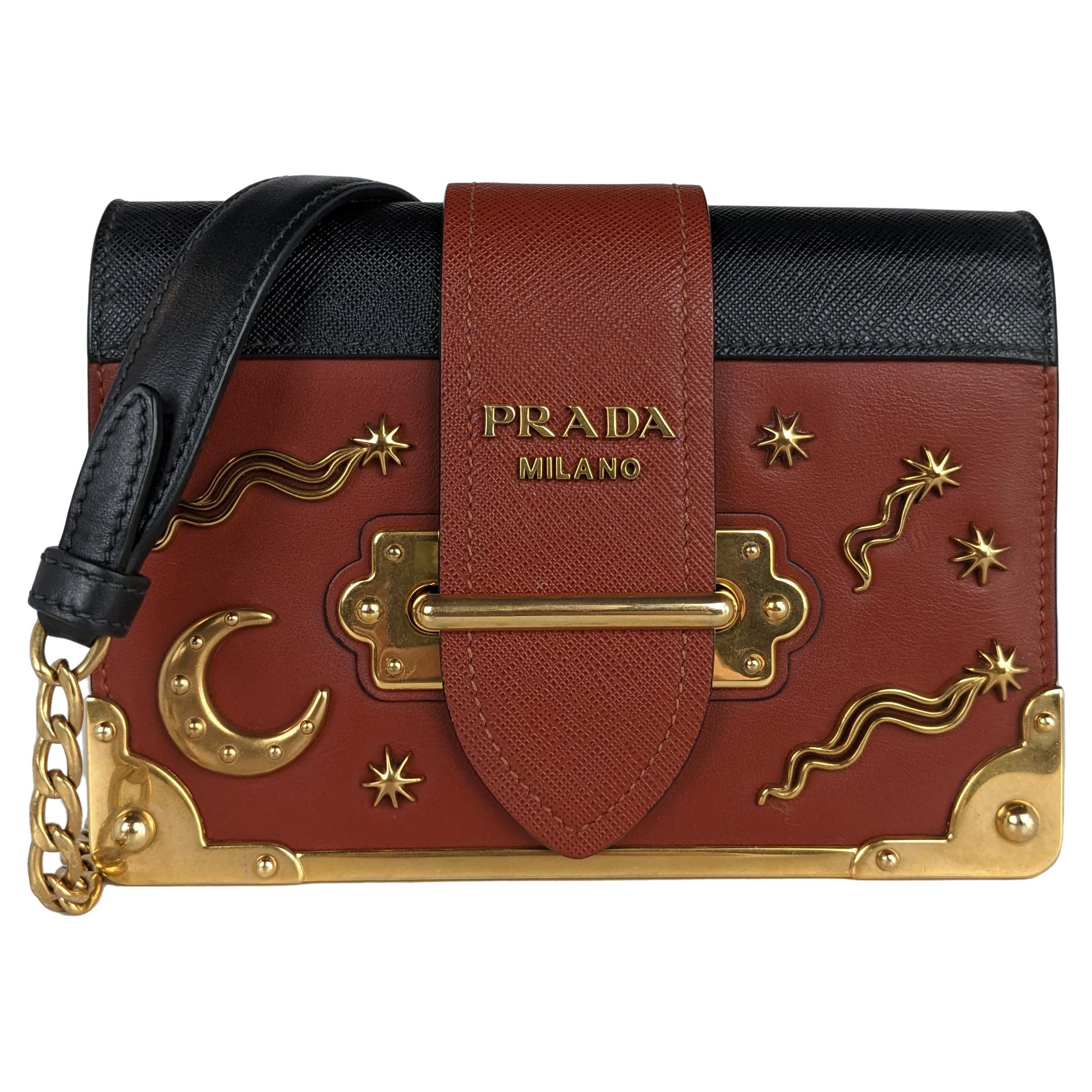 Prada Cahier Astrology Leather Small Crossbody Bag Brown