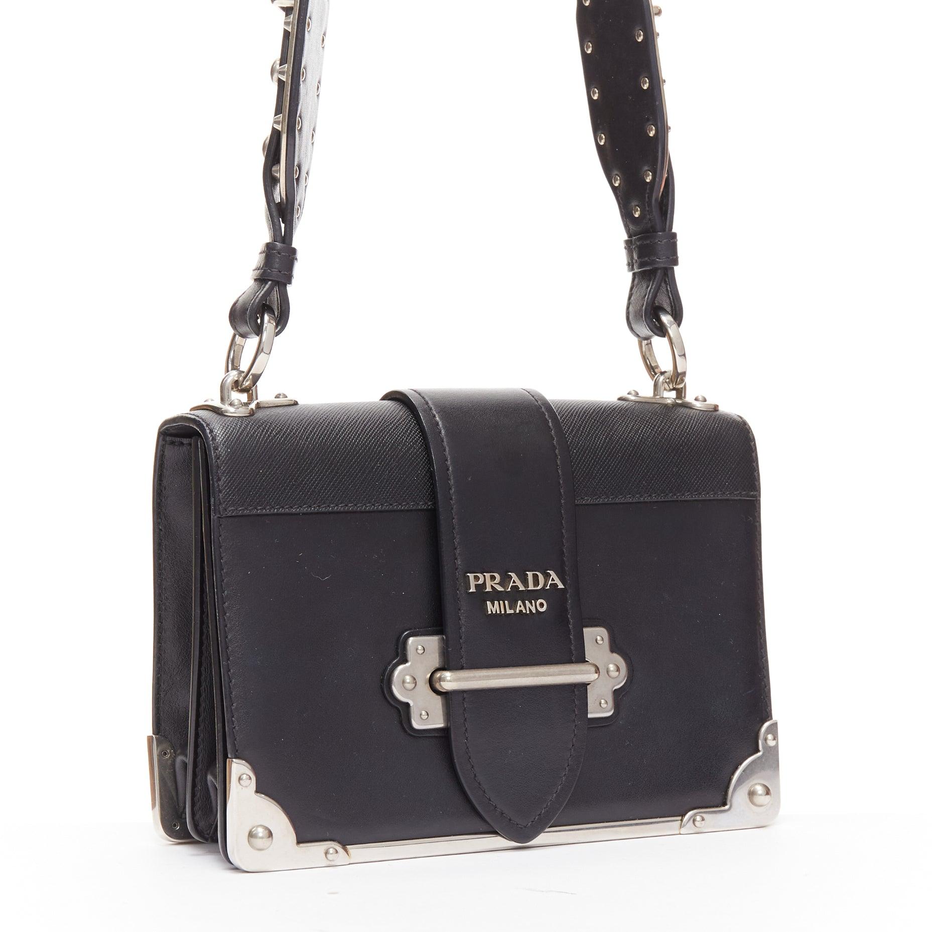PRADA Cahier black saffiano leather silver logo baroque shoulder box bag In Good Condition In Hong Kong, NT