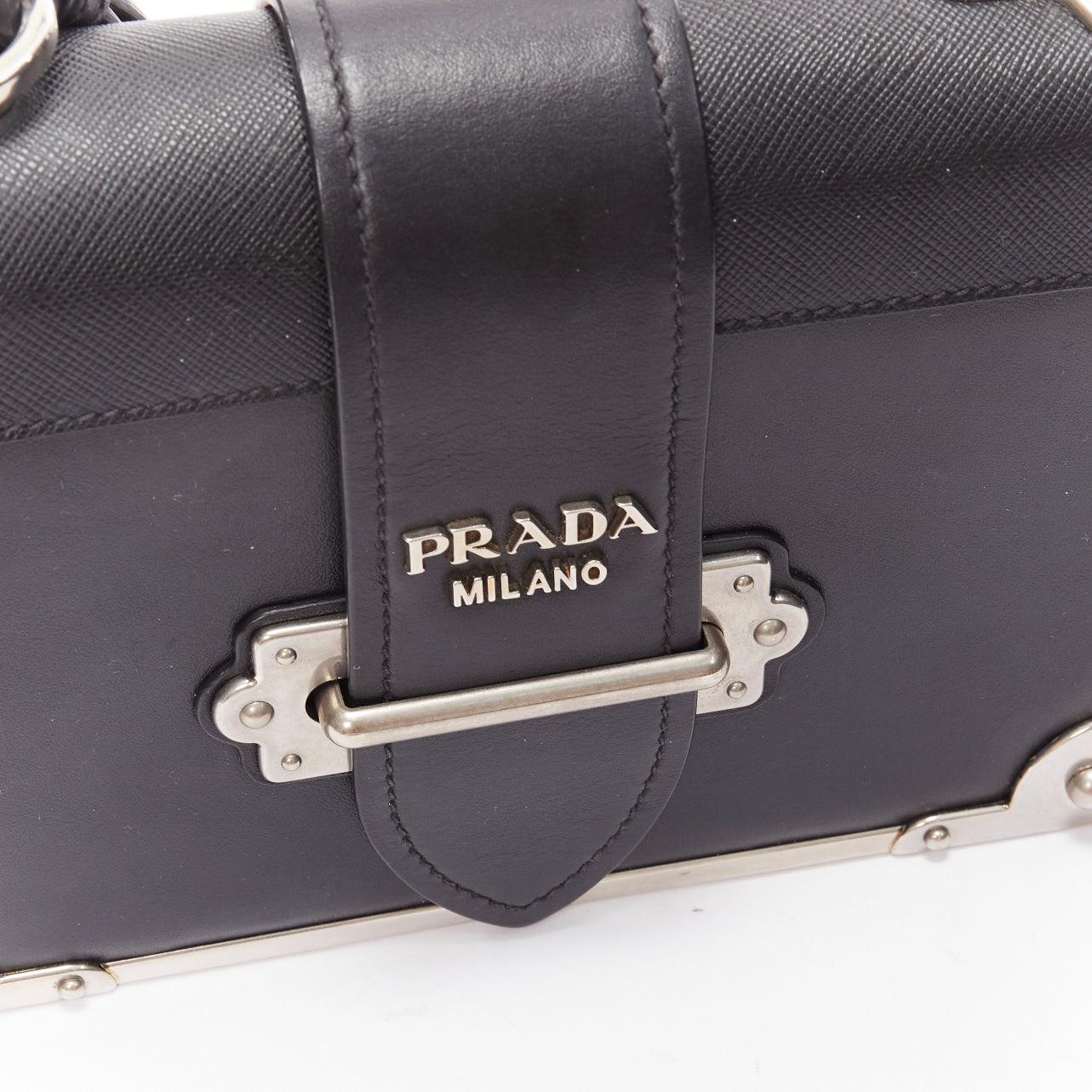 PRADA Cahier black saffiano leather silver logo baroque shoulder box bag 3