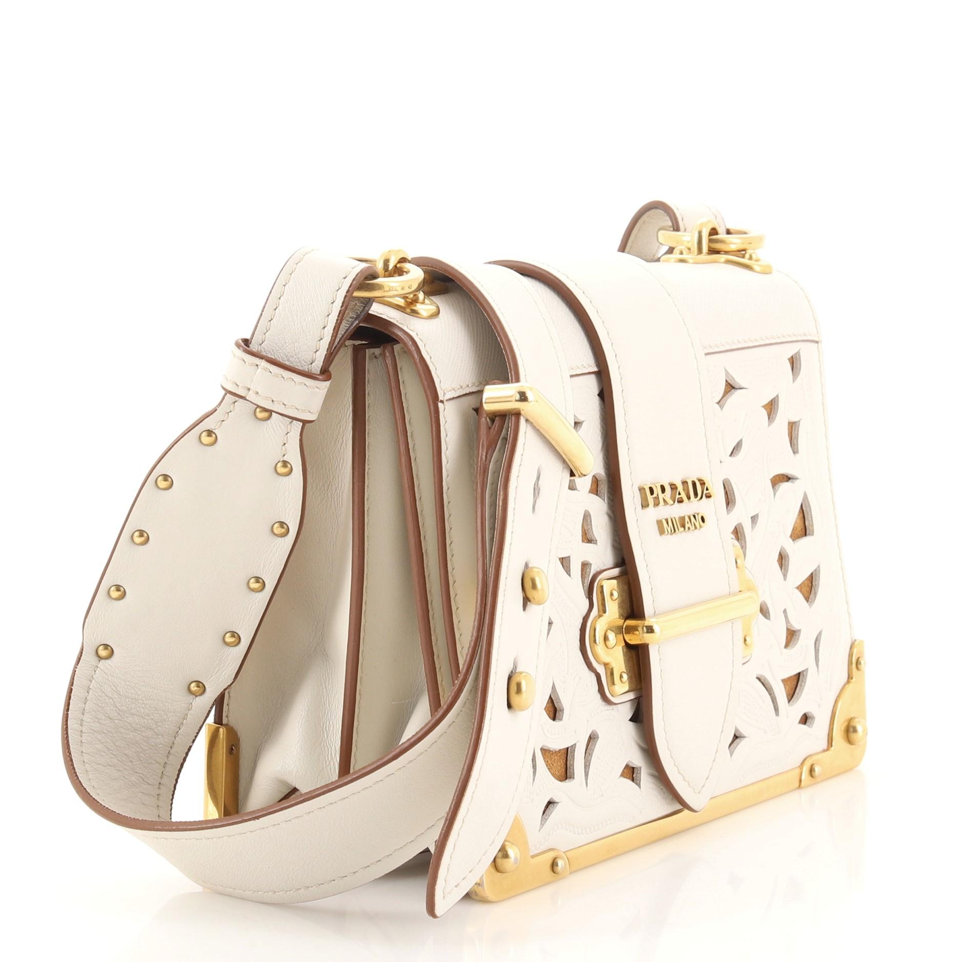 White Prada Cahier Crossbody Bag Laser Cut Calfskin Small