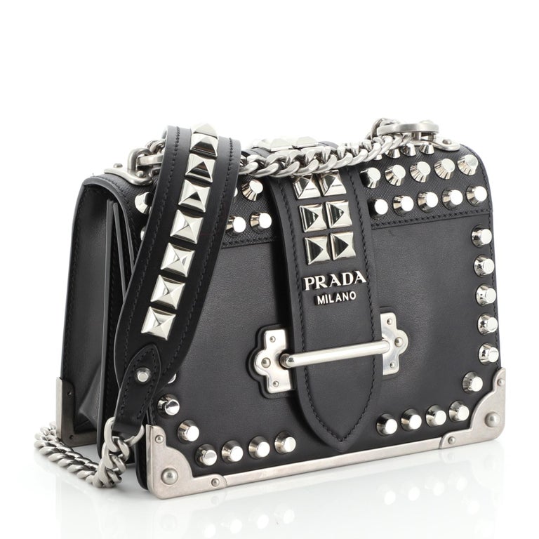 PRADA City Calf Studded Folk Cahier Bag White Caramel 303779