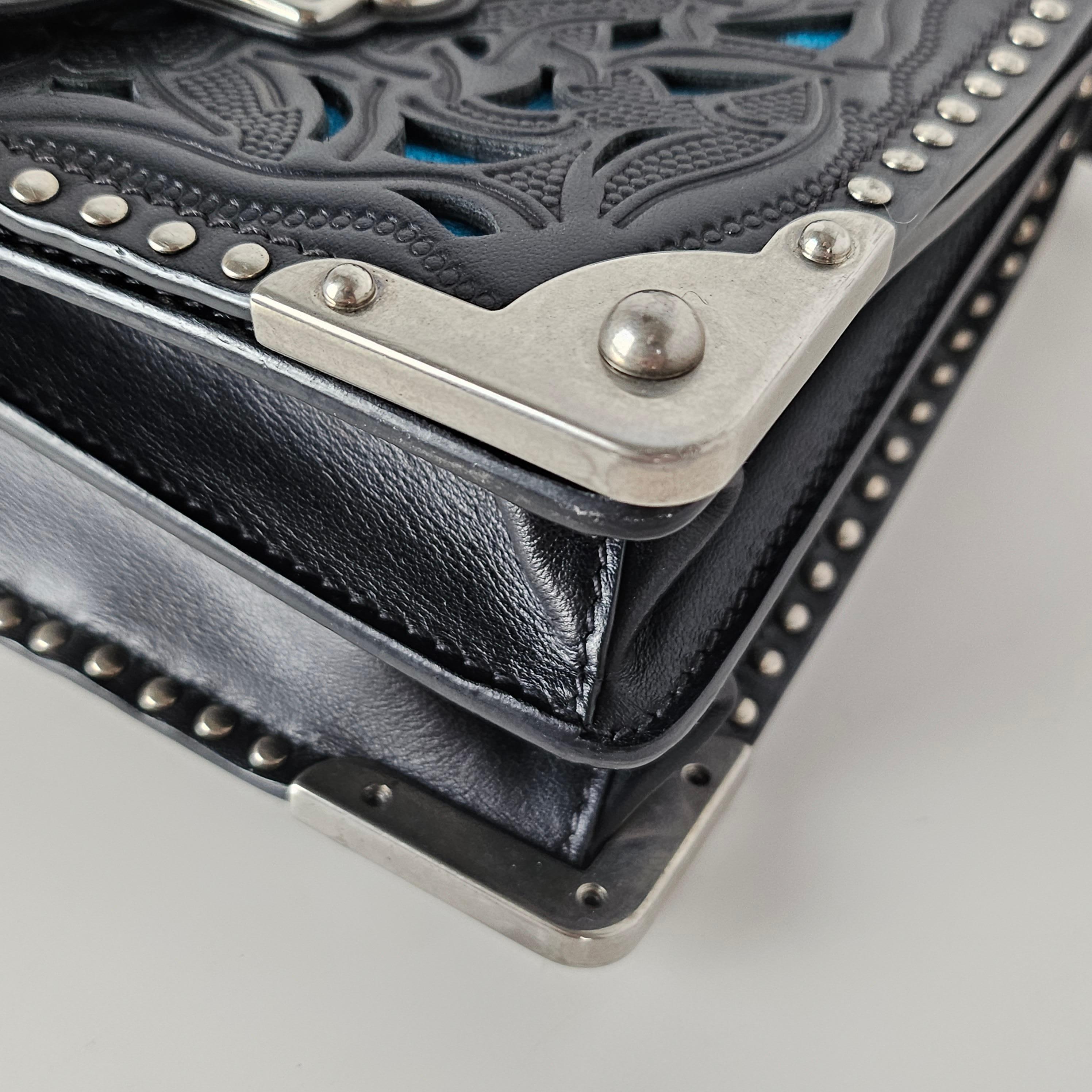 Women's Prada Cahier Medium Laser Cut Black Blue Leather Crossbody Bag