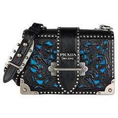 Prada Cahier Medium Laser Cut Black Blue Leather Crossbody Bag